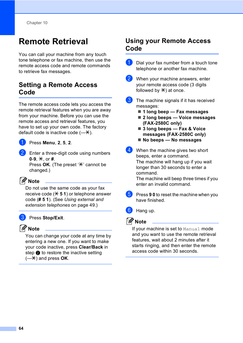 Remote retrieval, Setting a remote access code, Using your remote access code | Brother FAX-2480C User Manual | Page 80 / 164