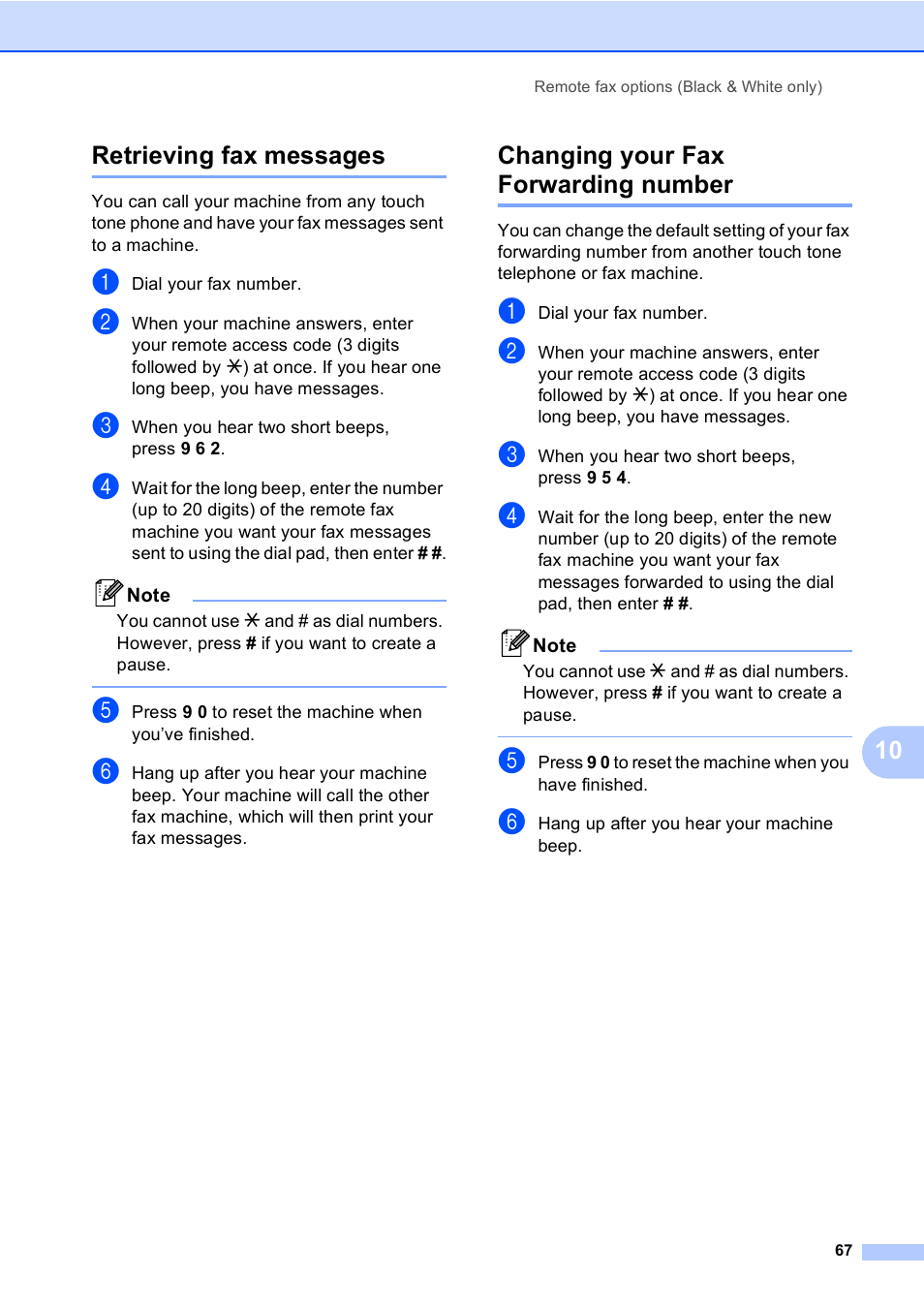 Retrieving fax messages, Changing your fax forwarding number, 10 retrieving fax messages | Brother FAX-2480C User Manual | Page 83 / 164