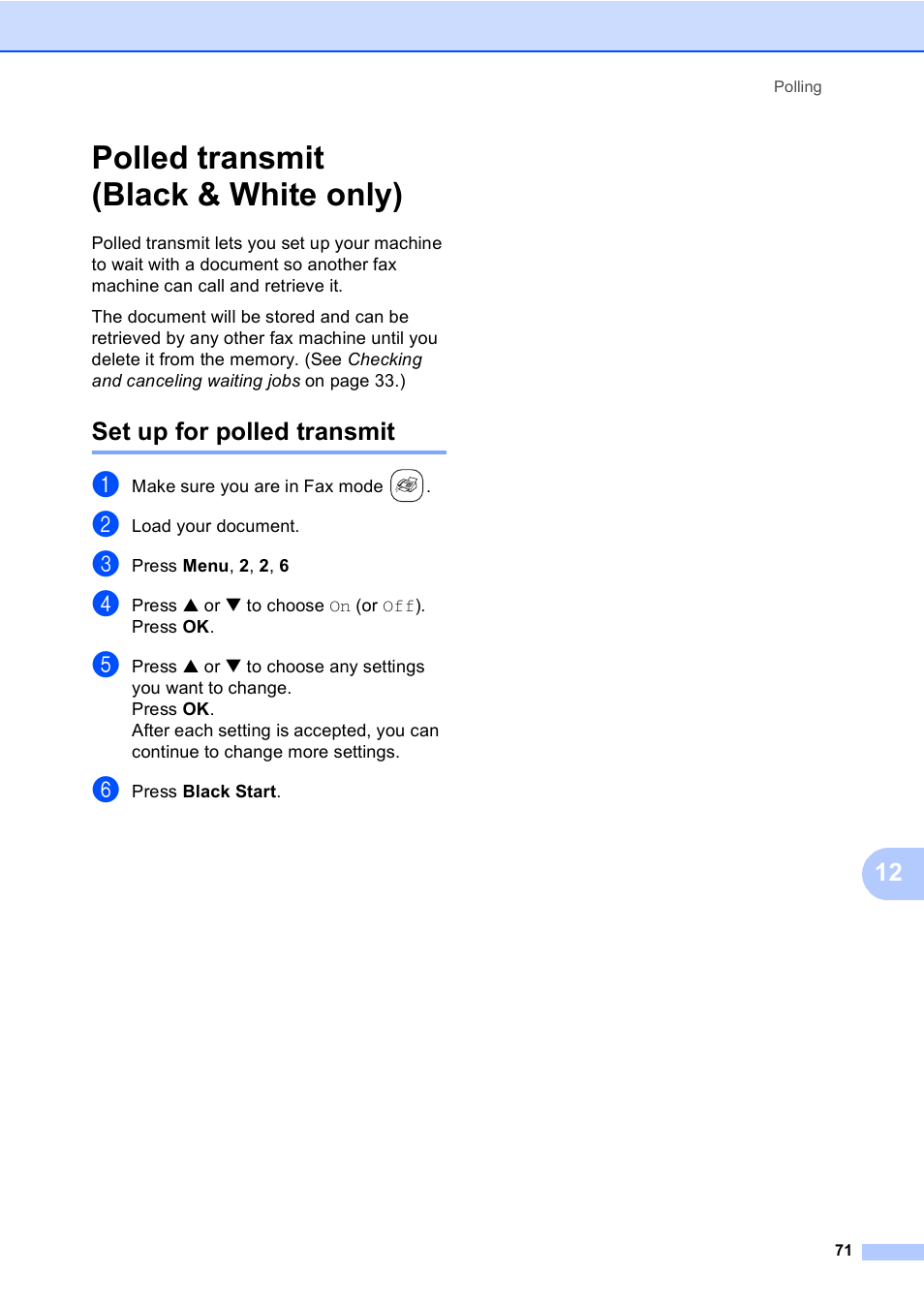 Polled transmit (black & white only), Set up for polled transmit | Brother FAX-2480C User Manual | Page 87 / 164
