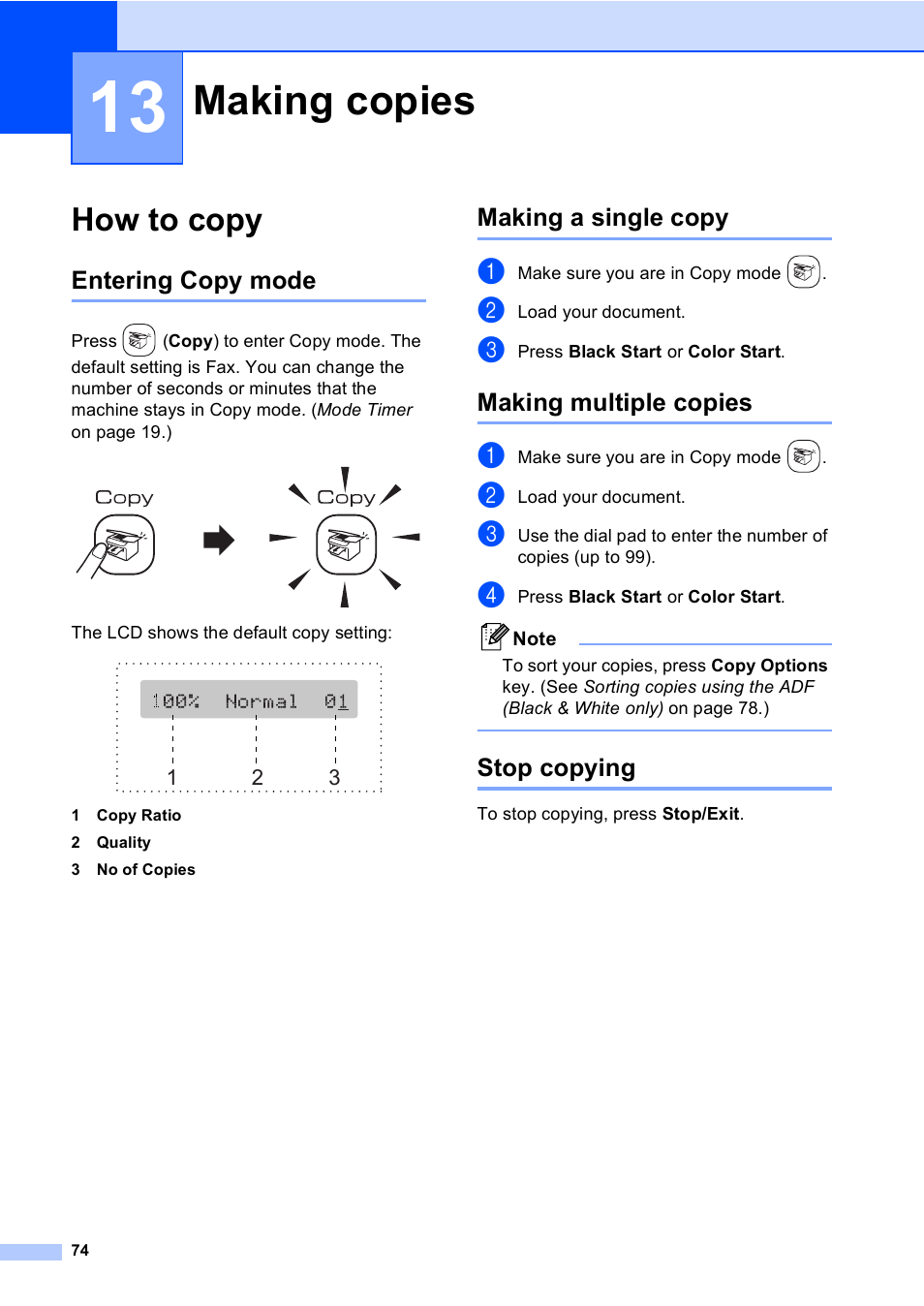 13 making copies, How to copy, Entering copy mode | Making a single copy, Making multiple copies, Stop copying, Making copies | Brother FAX-2480C User Manual | Page 90 / 164