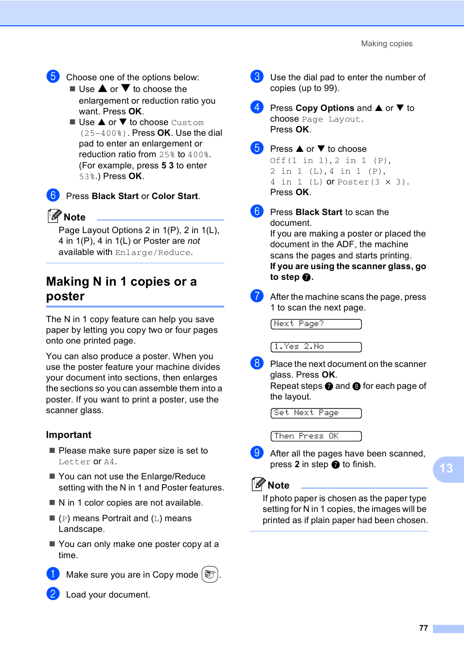 Making n in 1 copies or a poster, Important | Brother FAX-2480C User Manual | Page 93 / 164