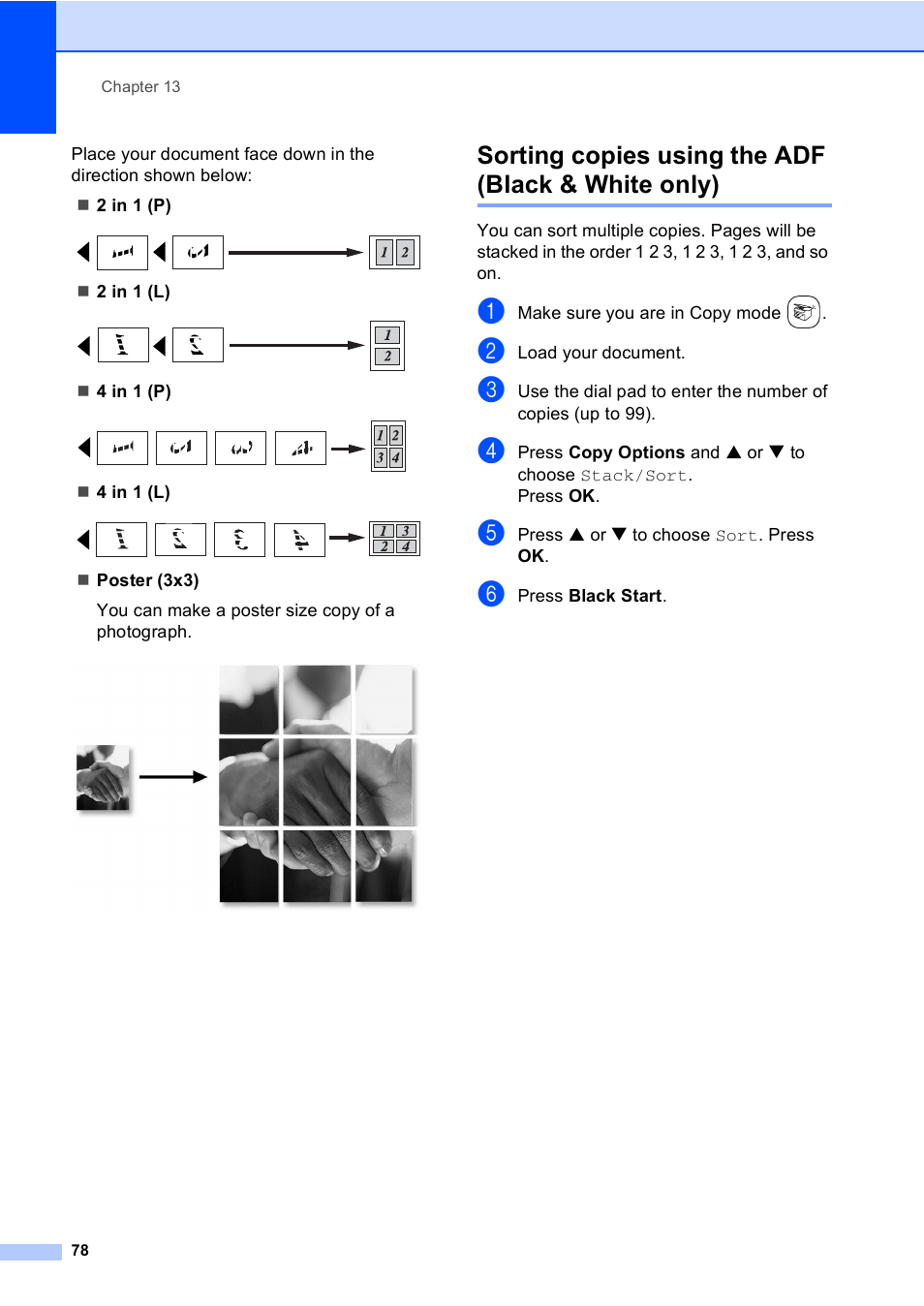 Sorting copies using the adf (black & white only) | Brother FAX-2480C User Manual | Page 94 / 164