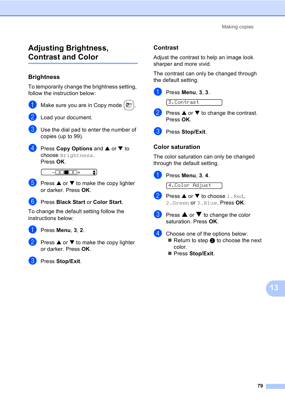 Adjusting brightness, contrast and color, Brightness, Contrast | Color saturation, 13 adjusting brightness, contrast and color | Brother FAX-2480C User Manual | Page 95 / 164