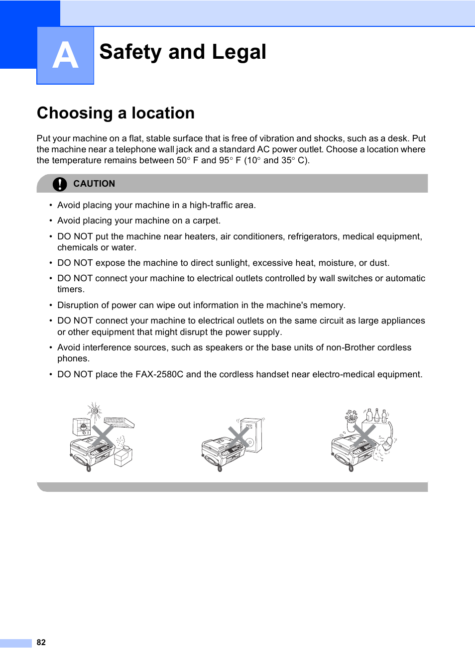 A safety and legal, Choosing a location, Safety and legal | Brother FAX-2480C User Manual | Page 98 / 164