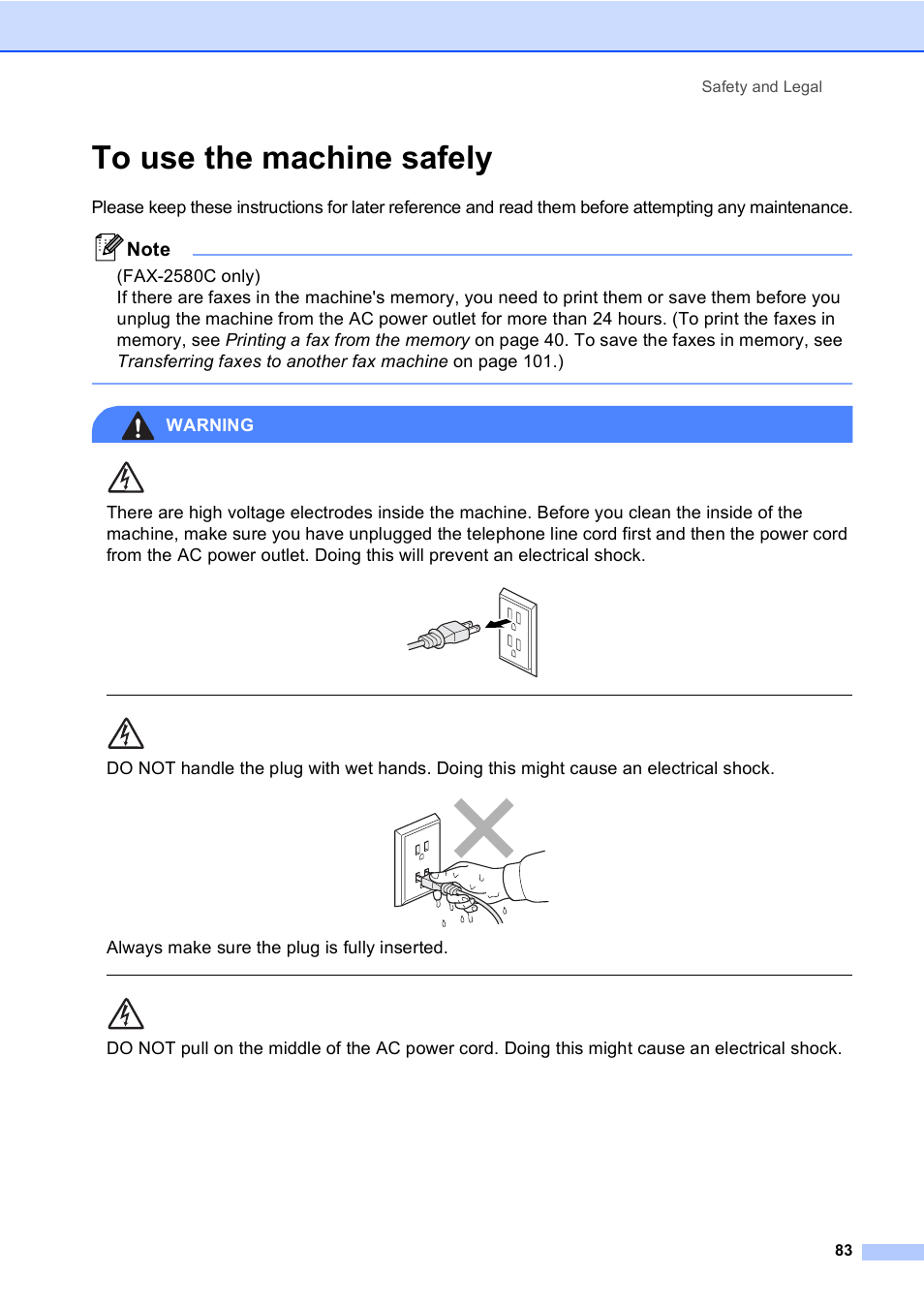 To use the machine safely, Warning, Always make sure the plug is fully inserted | Safety and legal 83 | Brother FAX-2480C User Manual | Page 99 / 164