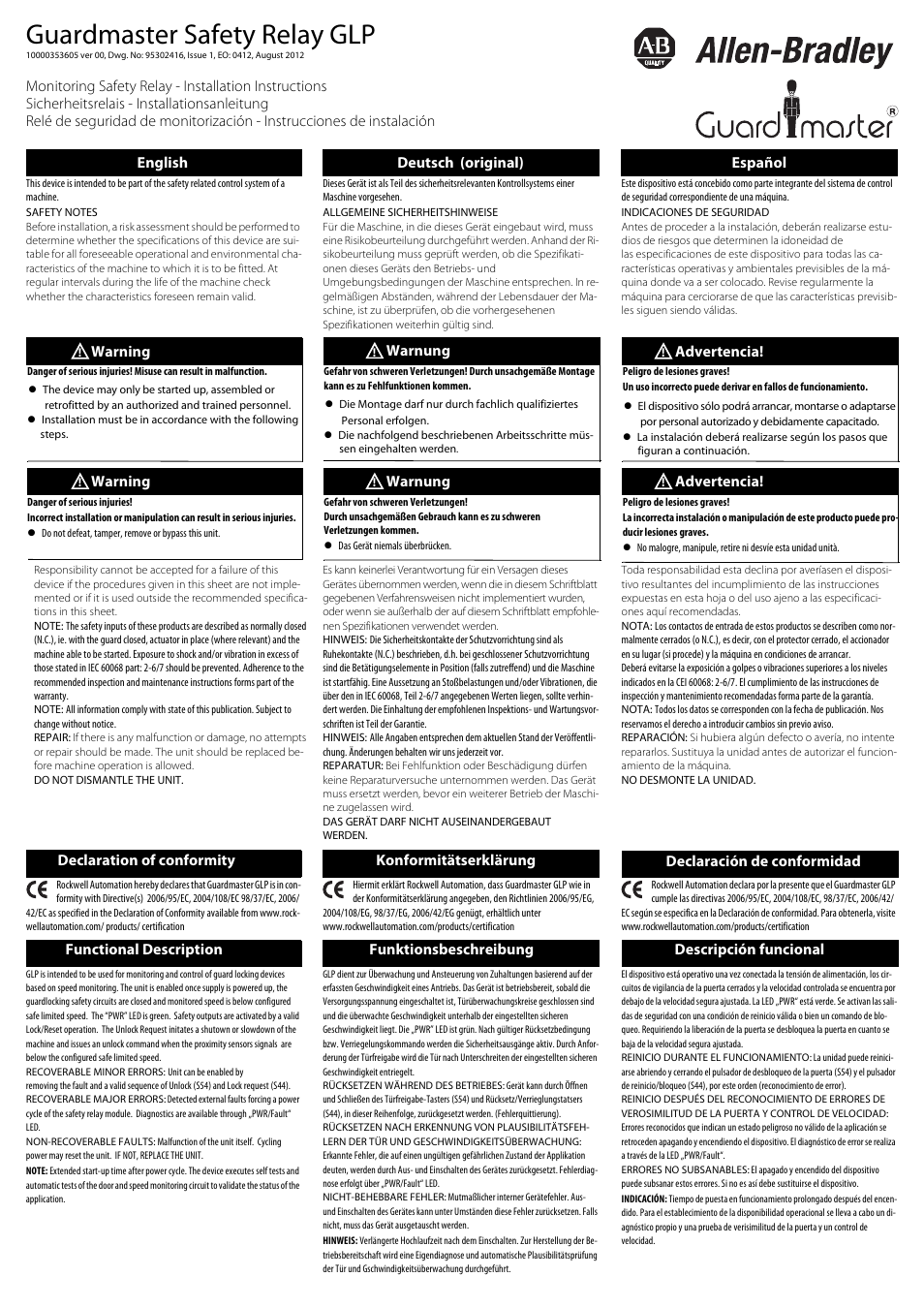Rockwell Automation 440R Guardmaster Safety Relay GLP Installation Instructions User Manual | 4 pages