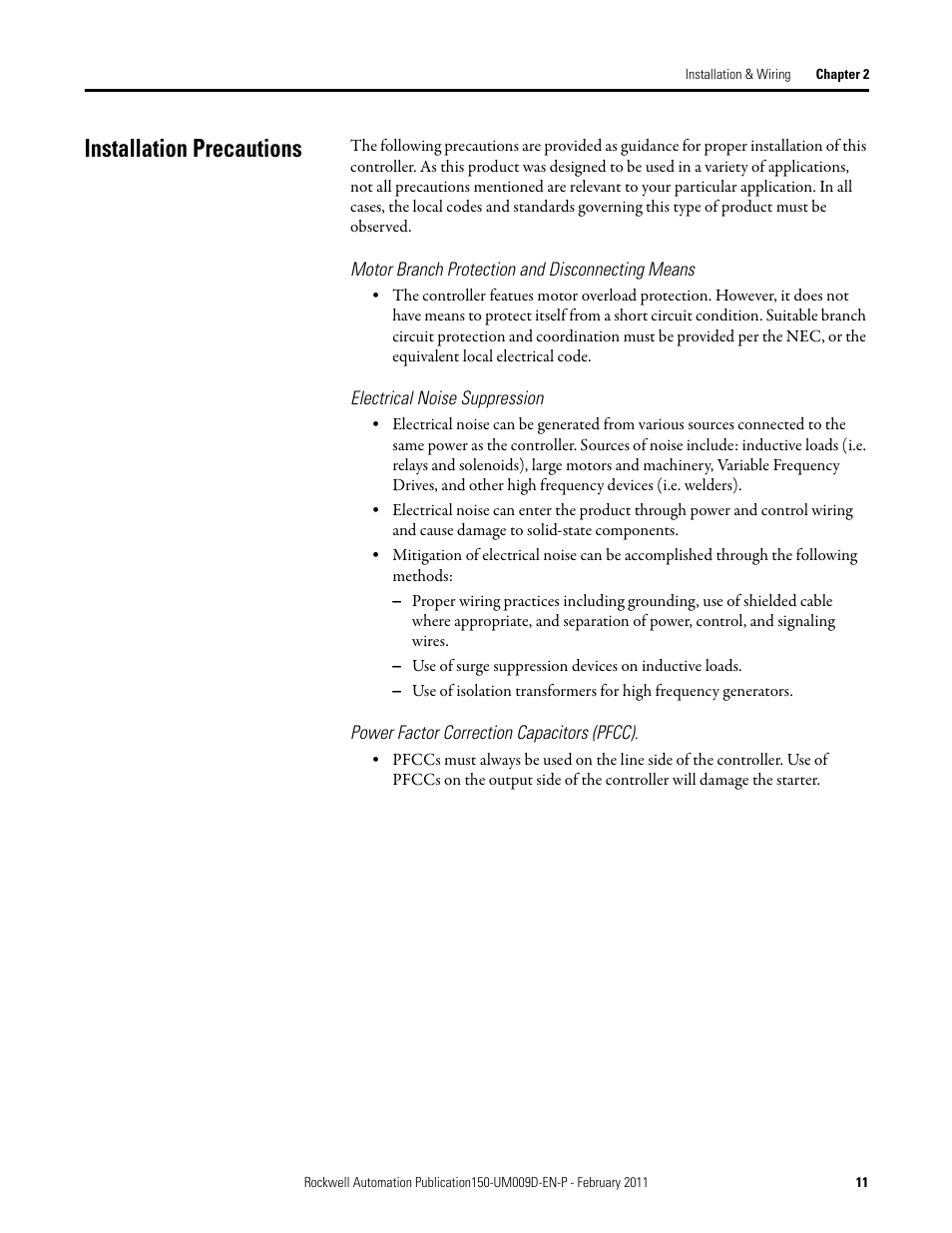 Installation precautions, Motor branch protection and disconnecting means, Electrical noise suppression | Power factor correction capacitors (pfcc) | Rockwell Automation 150-E SMC Elevator Users Manual User Manual | Page 11 / 32