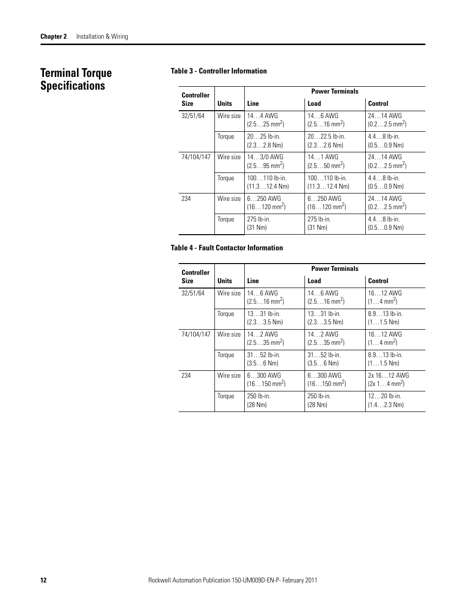 Terminal torque specifications, Table 3 - controller information, Table 4 - fault contactor information | Rockwell Automation 150-E SMC Elevator Users Manual User Manual | Page 12 / 32