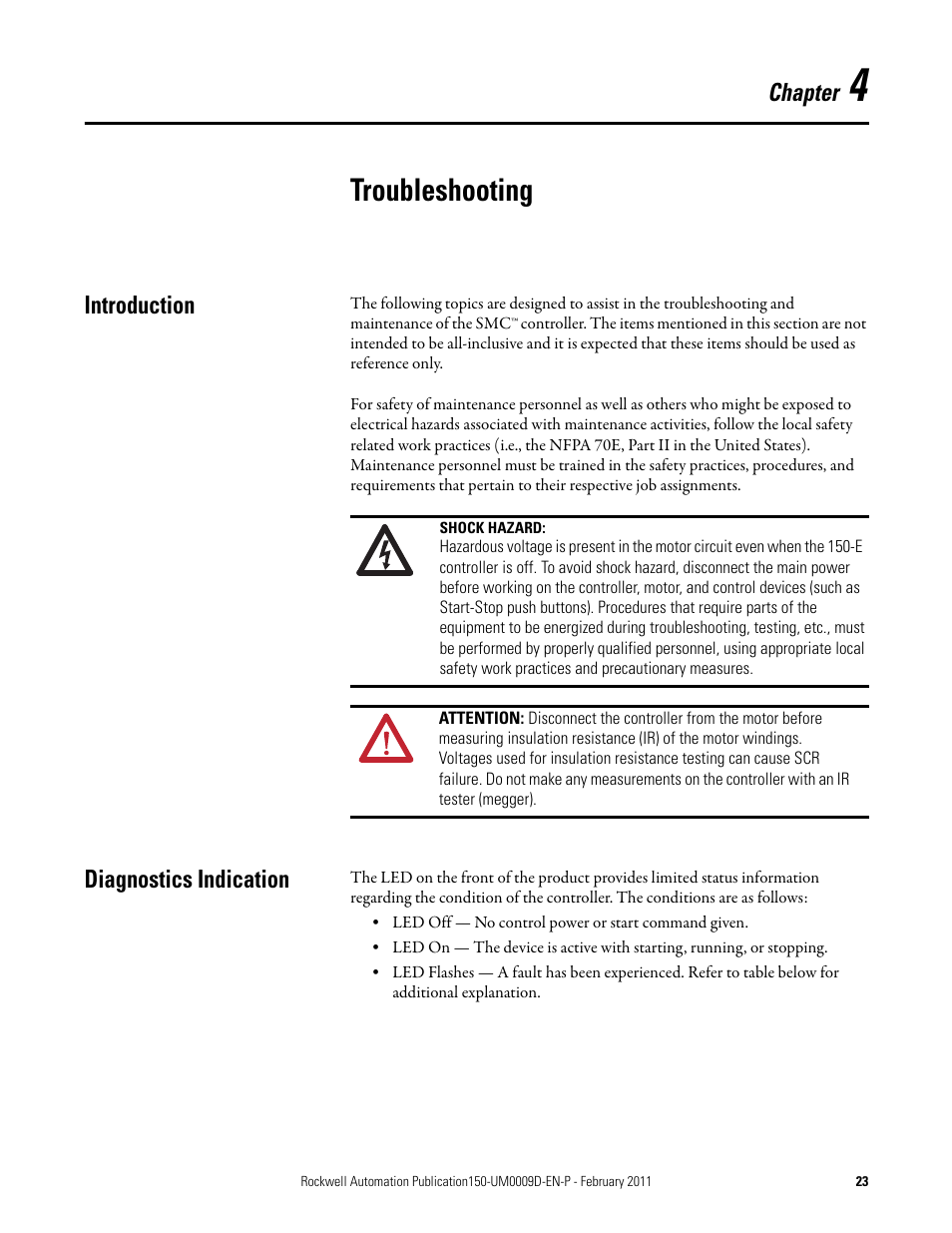 Chapter 4, Troubleshooting, Introduction | Diagnostics indication | Rockwell Automation 150-E SMC Elevator Users Manual User Manual | Page 23 / 32