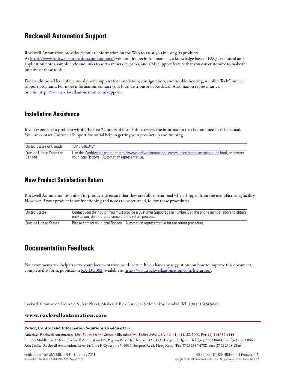 Rockwell automation support, Documentation feedback, Installation assistance | New product satisfaction return | Rockwell Automation 150-E SMC Elevator Users Manual User Manual | Page 32 / 32
