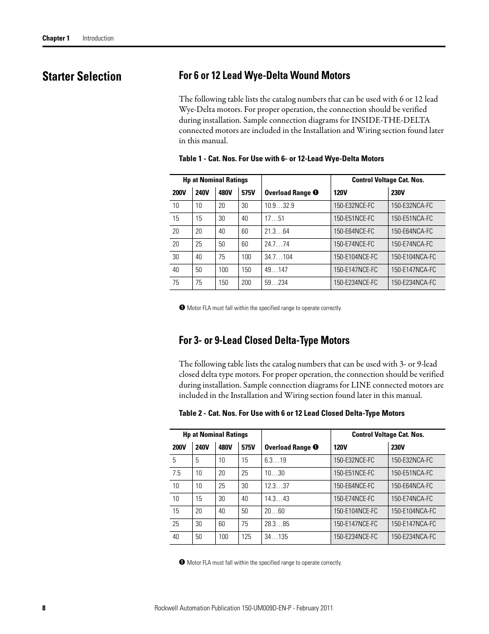 Starter selection, For 6 or 12 lead wye-delta wound motors, For 3- or 9-lead closed delta-type motors | Rockwell Automation 150-E SMC Elevator Users Manual User Manual | Page 8 / 32