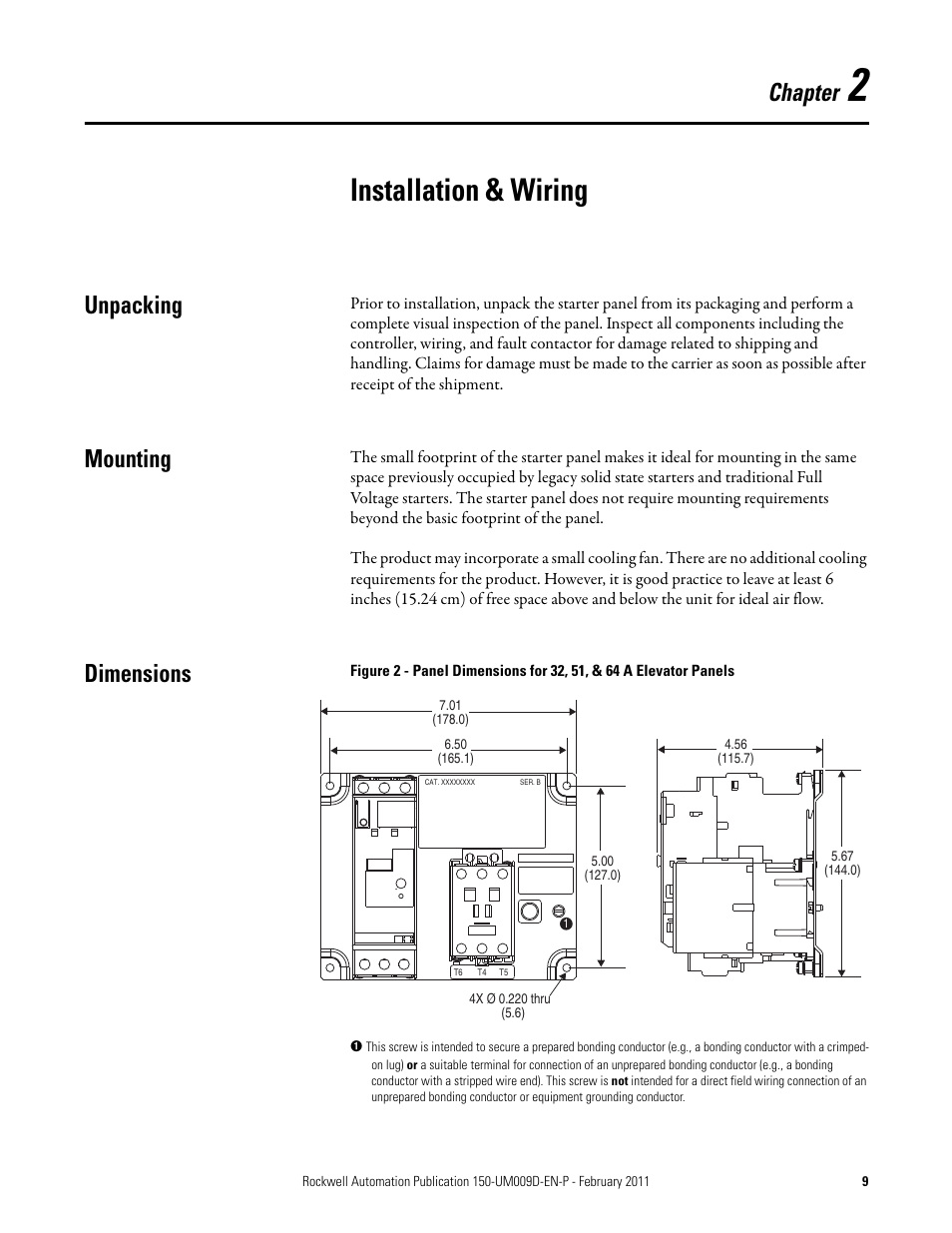 Chapter 2, Installation & wiring, Unpacking | Mounting, Dimensions, Chapter | Rockwell Automation 150-E SMC Elevator Users Manual User Manual | Page 9 / 32