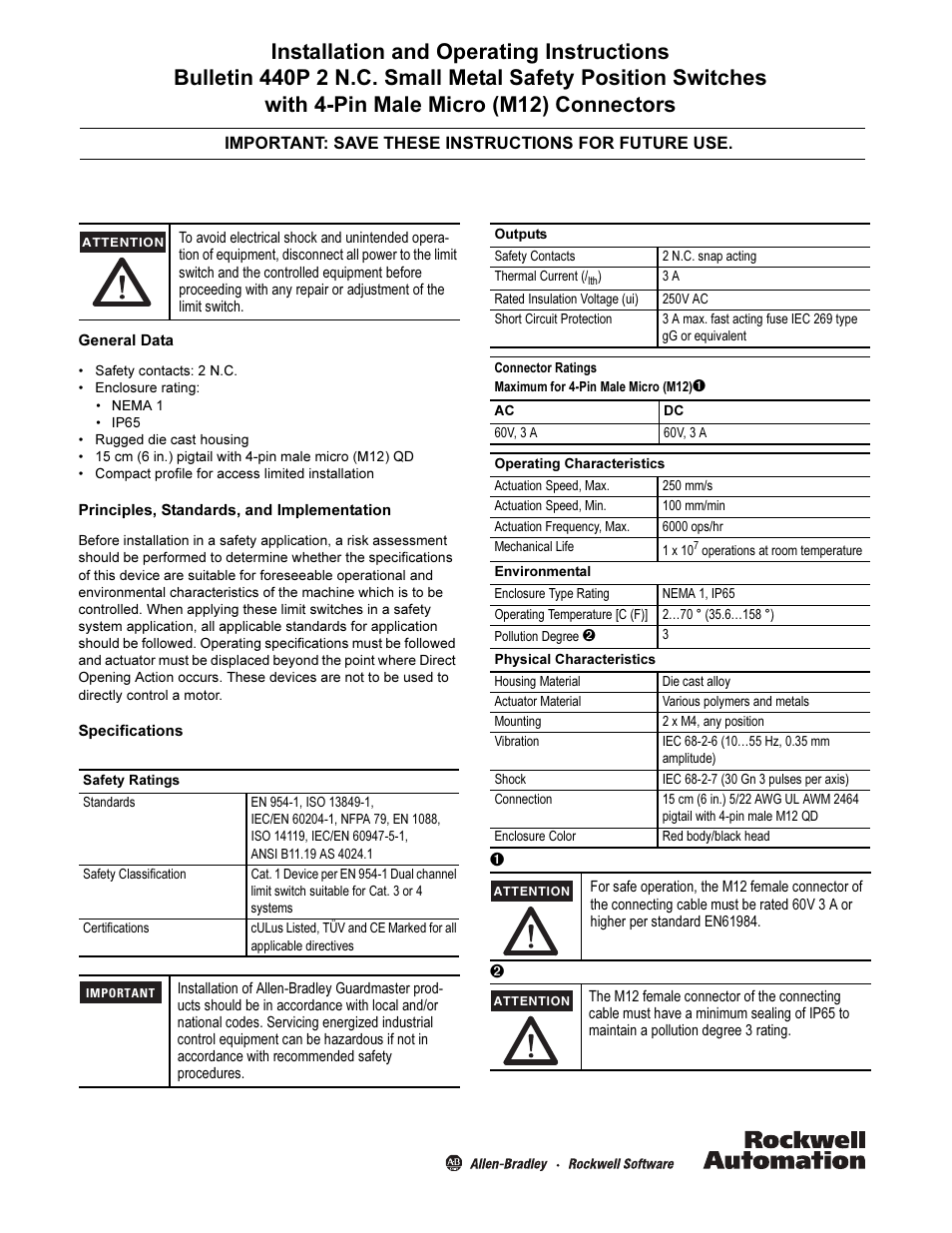 Rockwell Automation 440P Bulletin 440P 2 N.C. Small Metal Safety Position Switches with 4-Pin Male Micro User Manual | 4 pages