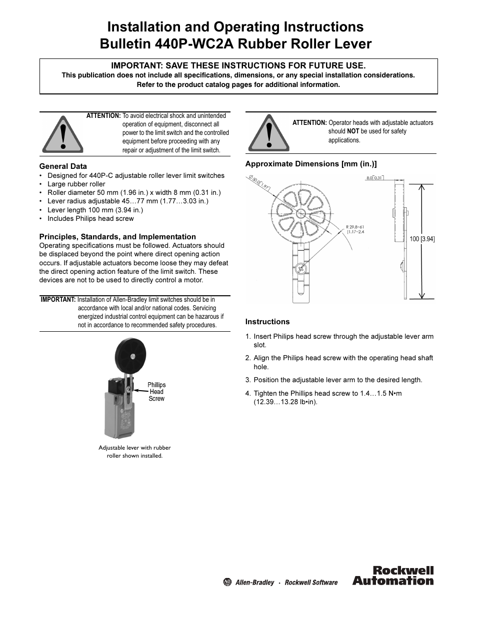 Rockwell Automation 440P-WC2A Rubber Roller Lever  User Manual | 2 pages
