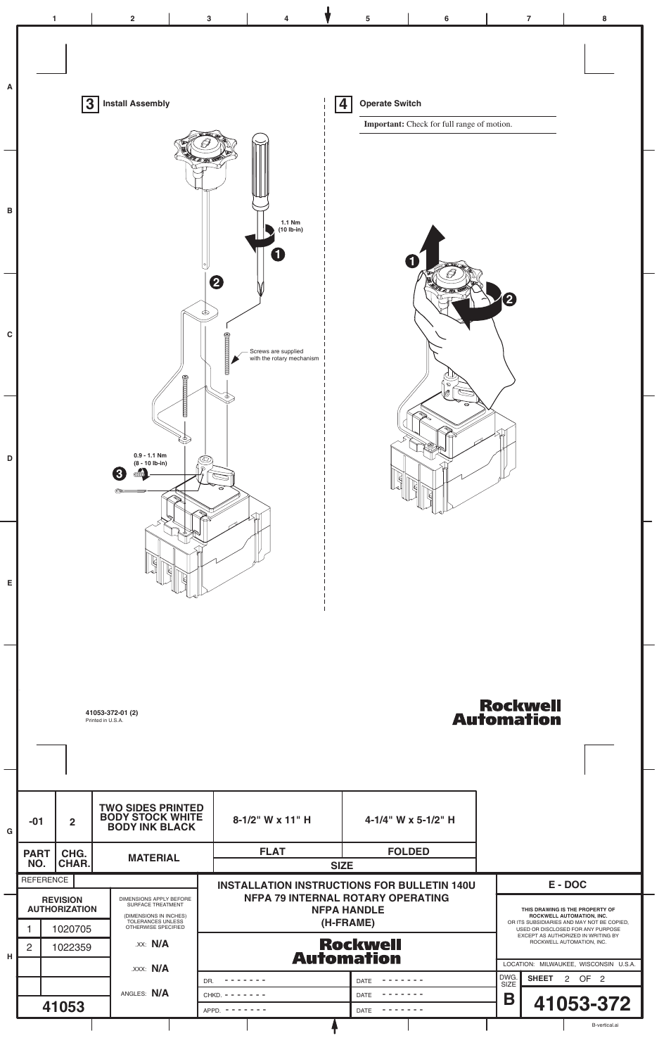 Rockwell Automation 140U-H-NH21 NFPA 79 Internal Rotary Operating NFPA Handle for H-Frame User Manual | Page 2 / 2