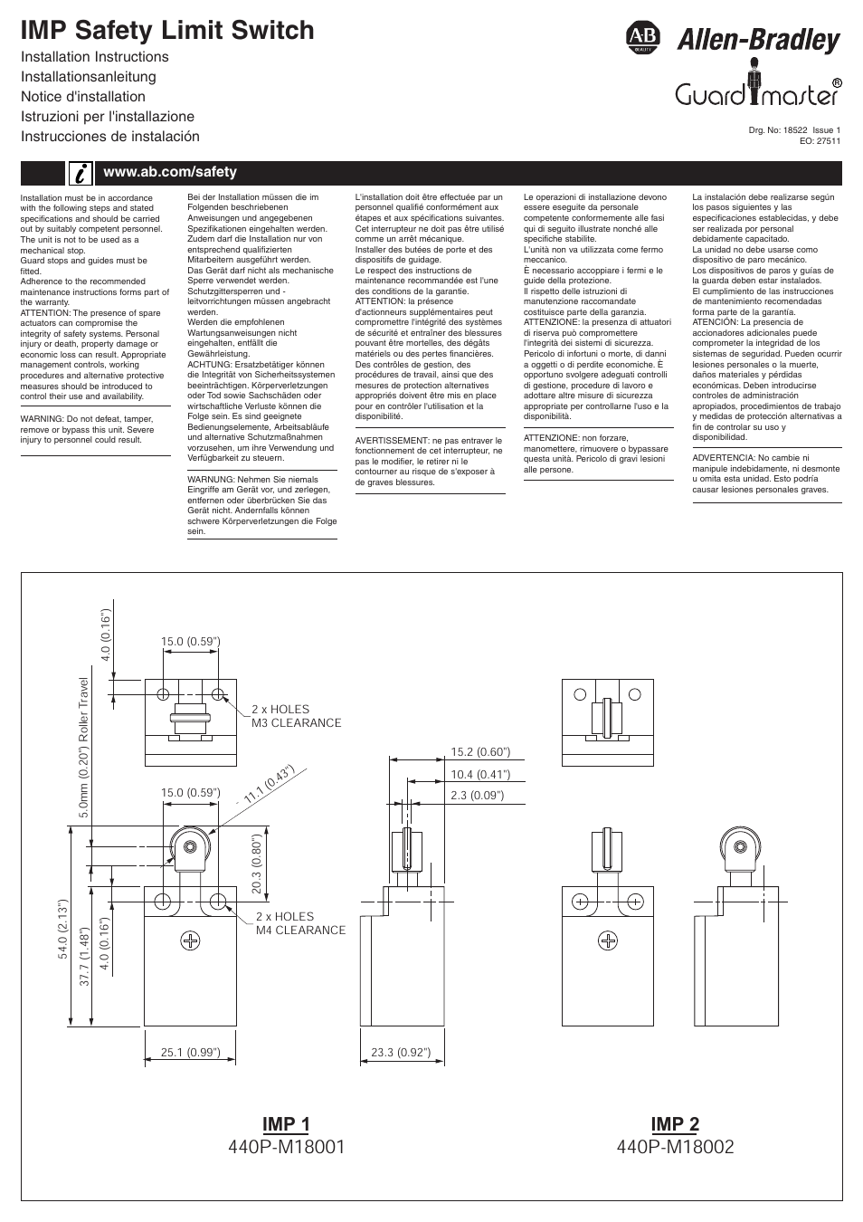 Rockwell Automation 440P Imp Safety Limit Switch Installation Instructions User Manual | 4 pages