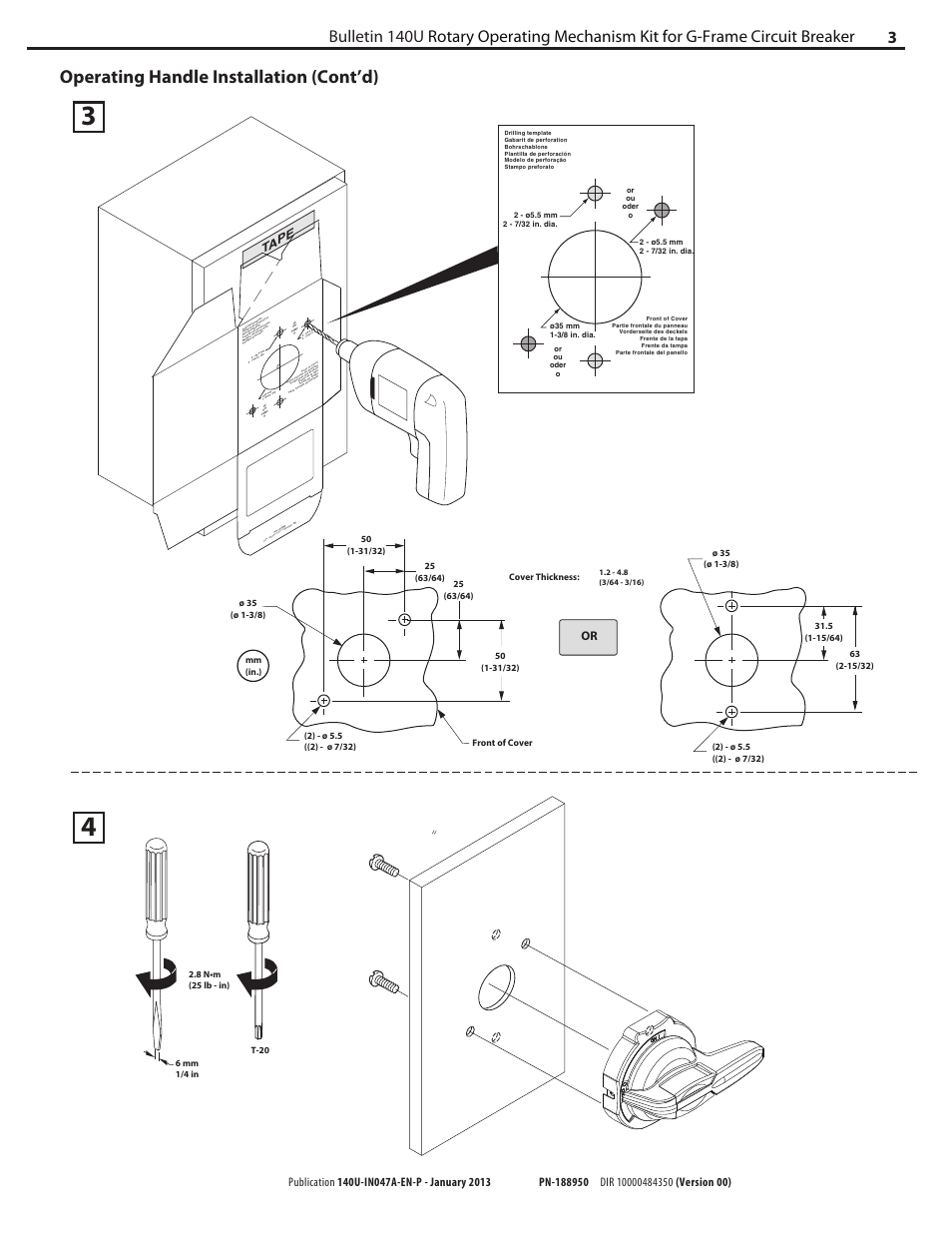 Operating handle installation (cont’d), Tape | Rockwell Automation 140U-xxx G-Frame C.B. for Variable Depth Rotary Handle Mech. User Manual | Page 3 / 4