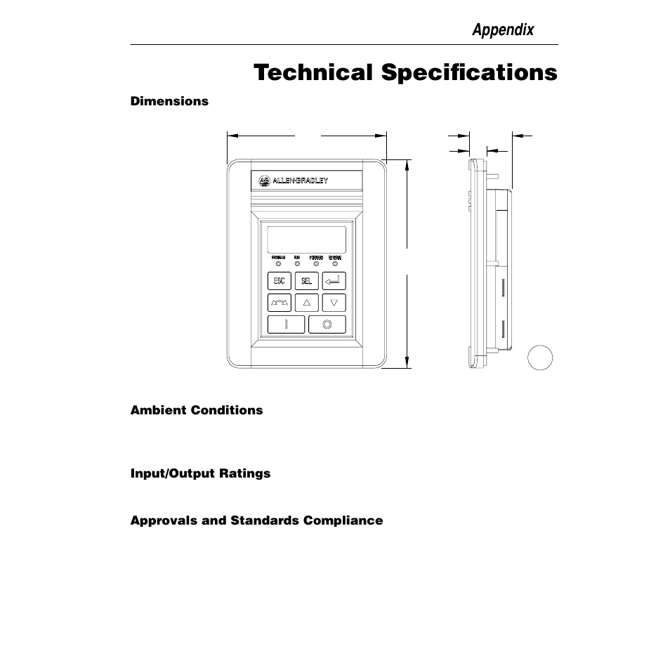 Technical specifications, Appendix | Rockwell Automation 160 SSC Remote Keypad User Manual User Manual | Page 19 / 21