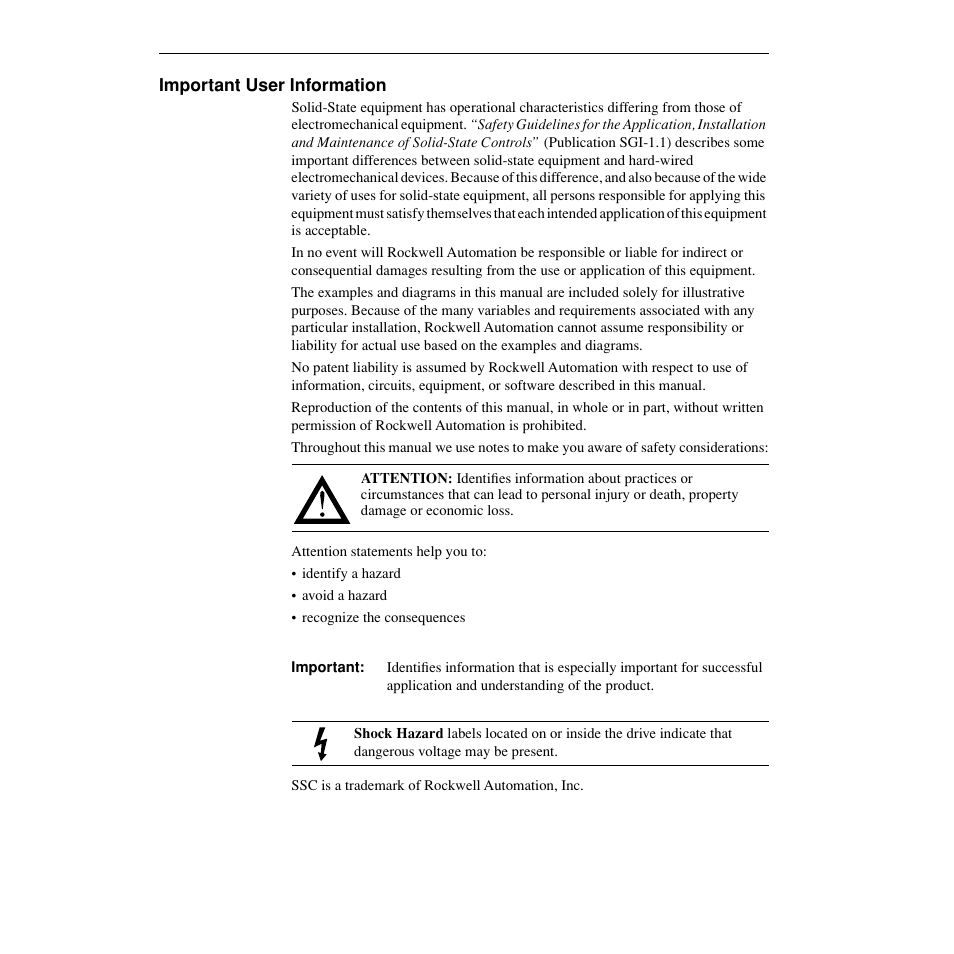 Important user information | Rockwell Automation 160 SSC Remote Keypad User Manual User Manual | Page 2 / 21