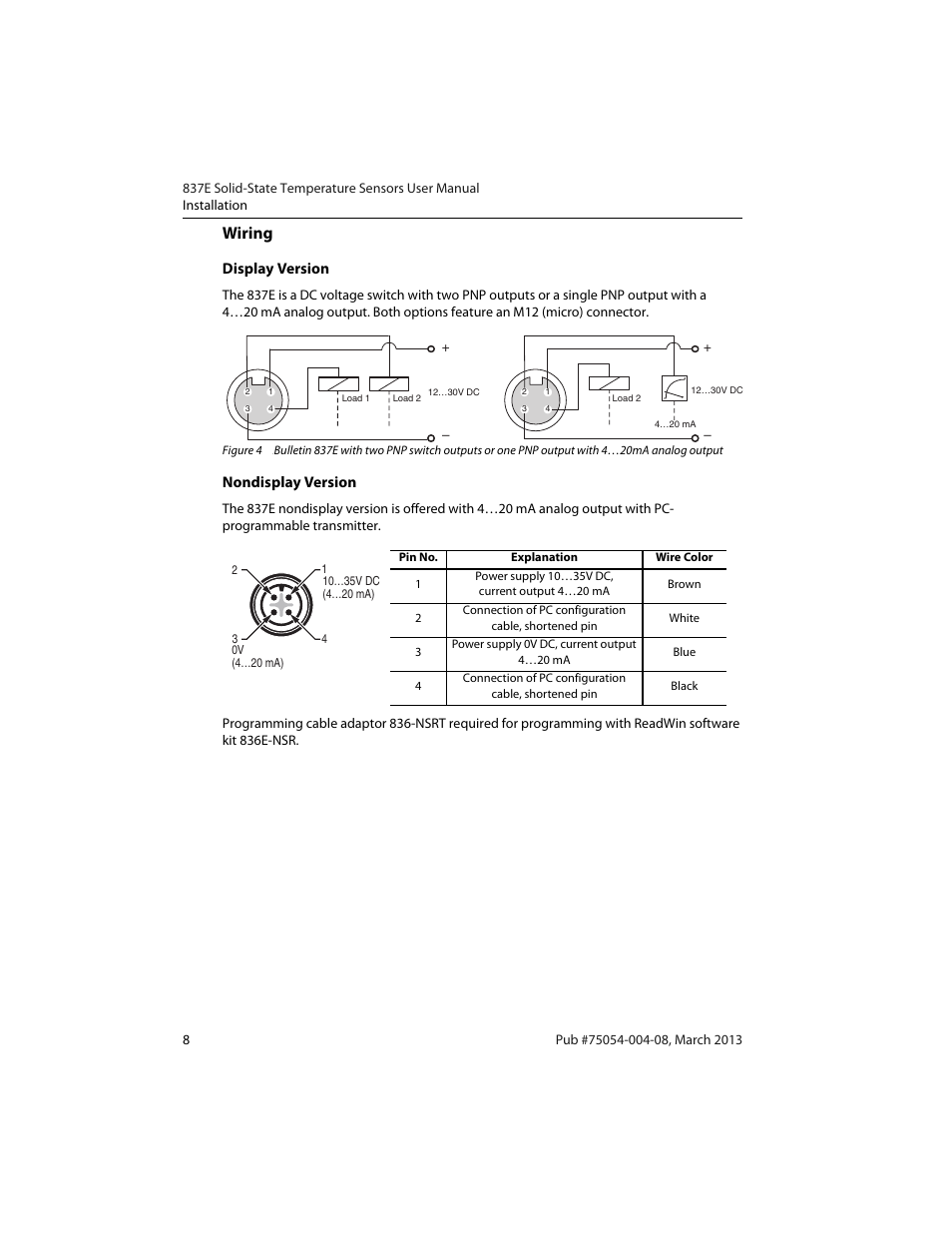 Wiring, Display version, Nondisplay version | Rockwell Automation 837E Solid-State Temperature Sensors User Manual | Page 10 / 32