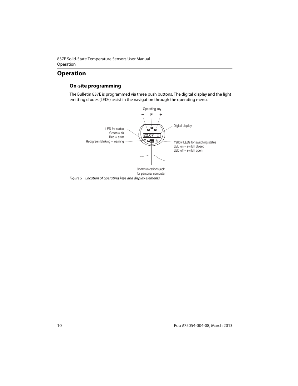 Operation, On-site programming | Rockwell Automation 837E Solid-State Temperature Sensors User Manual | Page 12 / 32