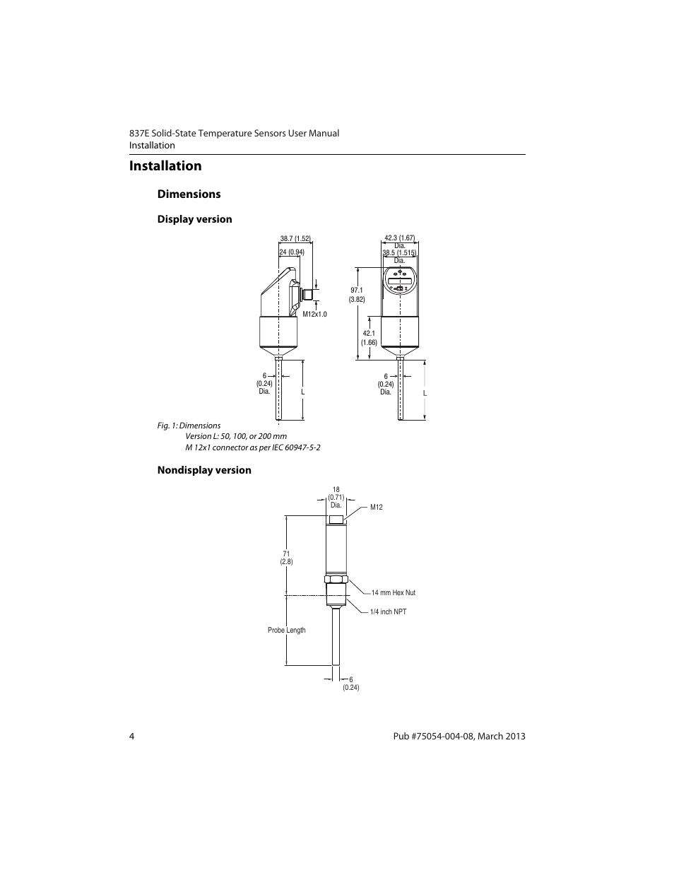 Installation, Dimensions, Display version | Nondisplay version | Rockwell Automation 837E Solid-State Temperature Sensors User Manual | Page 6 / 32