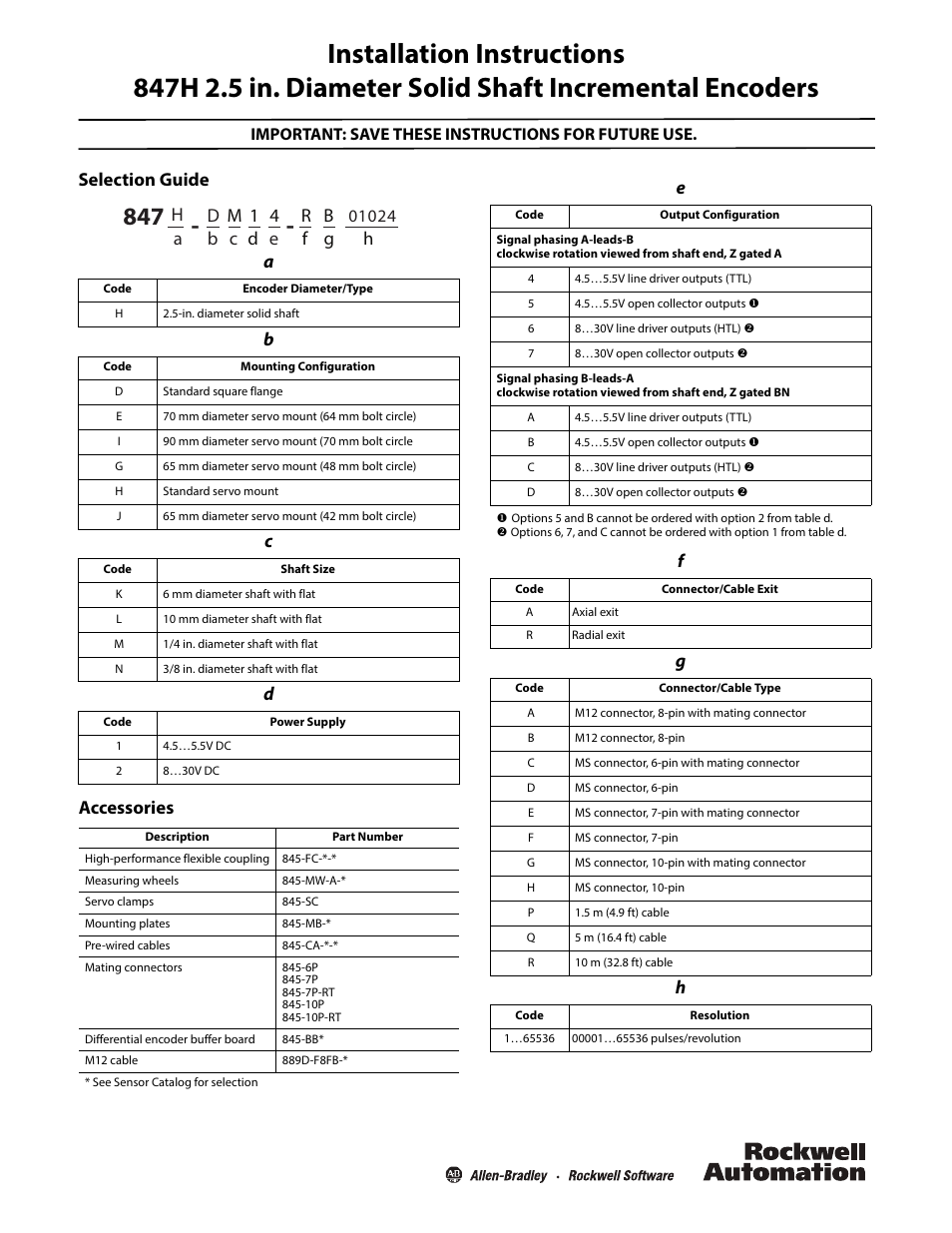 Rockwell Automation 847H 2.5 in. Diameter Solid Shaft Incremental Encoders User Manual | 4 pages