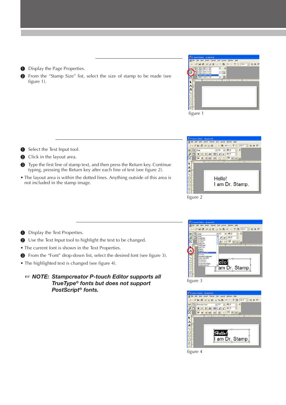 Formatting a stamp, Selecting the stamp size, Typing text | Changing the font, Desigining a stamp (stampcreator p-touch editor) | Brother SC-2000 User Manual | Page 25 / 64