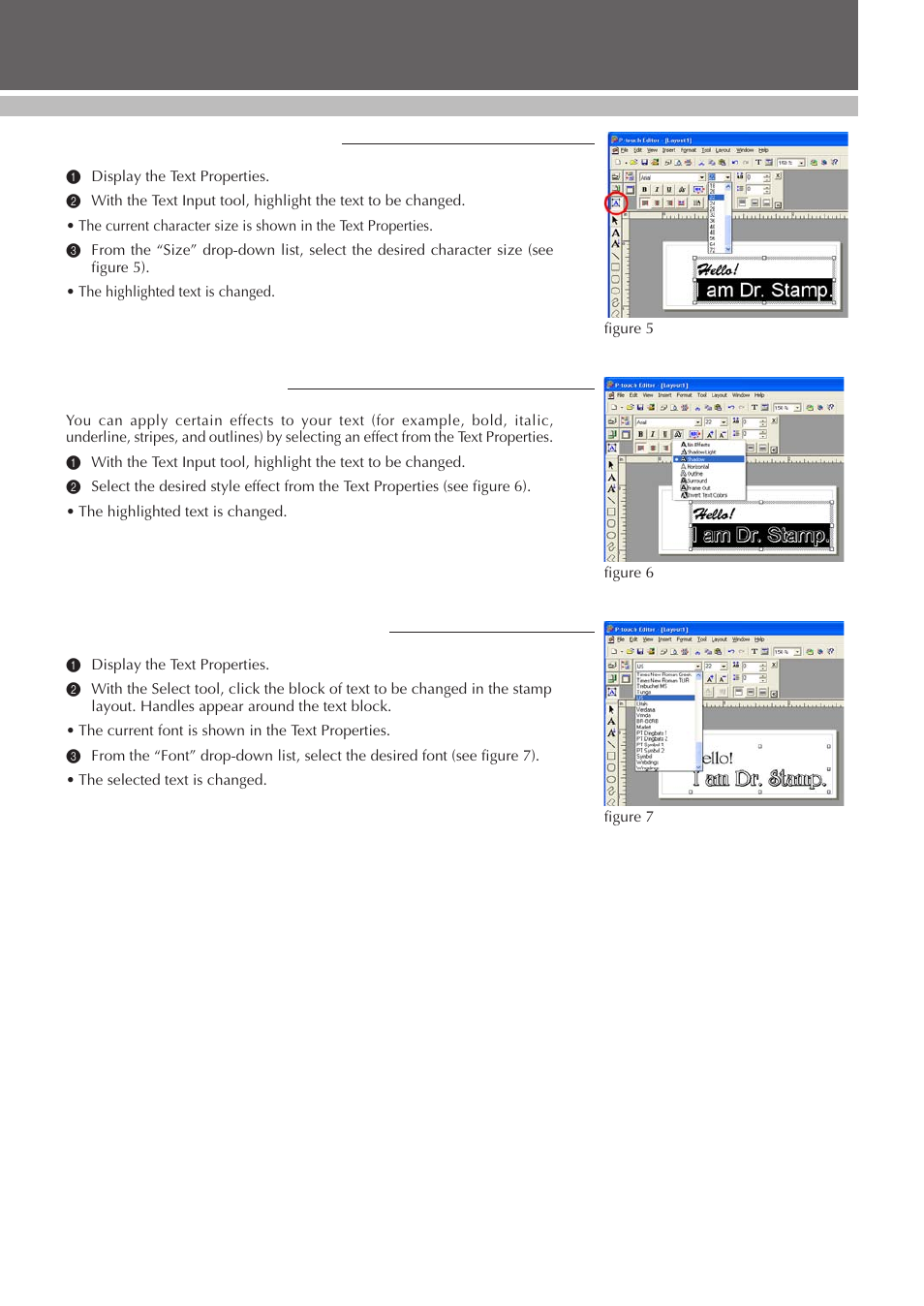 Changing the character size, Changing style effects, Changing the font of a text block | Desigining a stamp (stampcreator p-touch editor) | Brother SC-2000 User Manual | Page 26 / 64