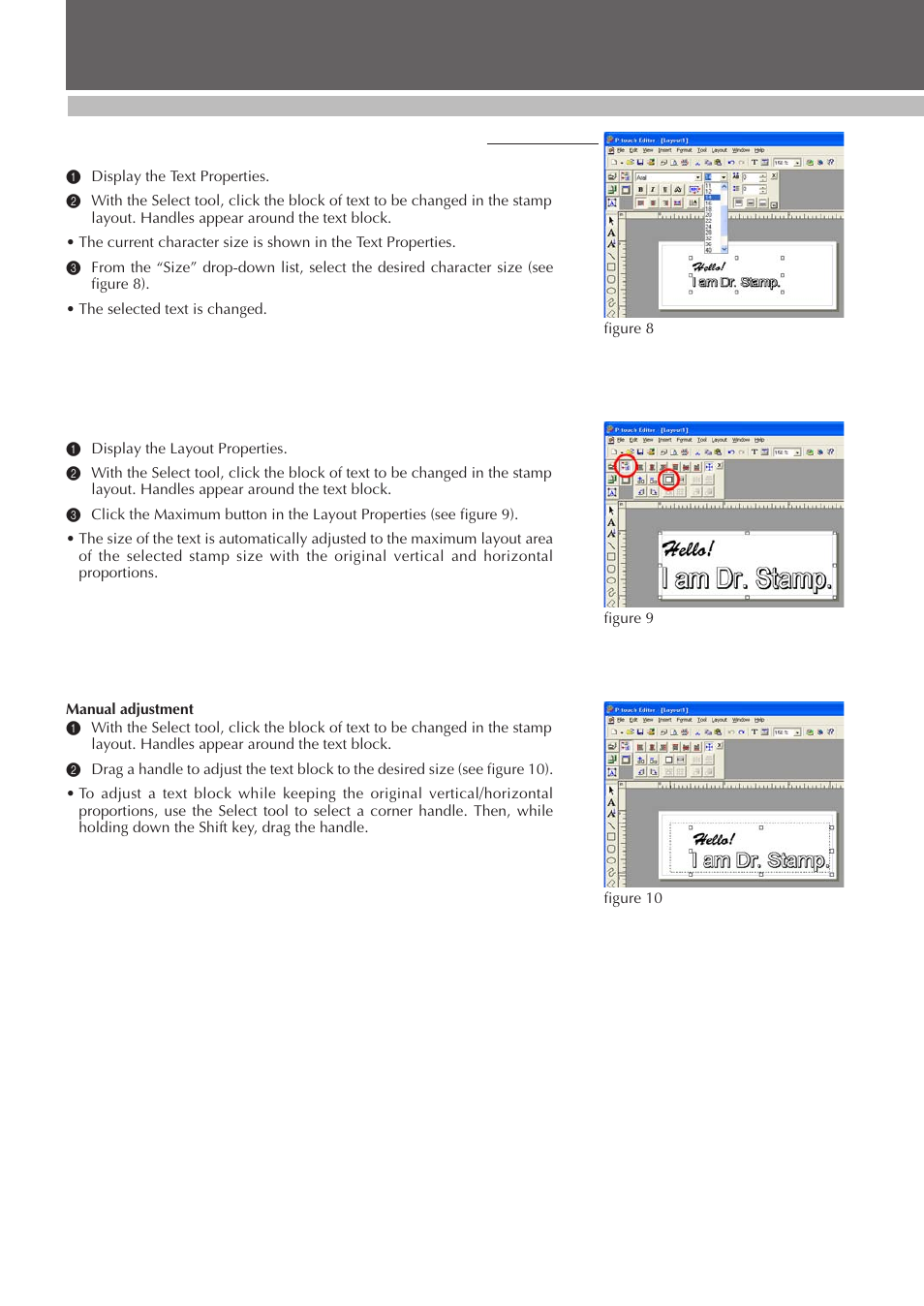 Changing the character size of a text block, Desigining a stamp (stampcreator p-touch editor) | Brother SC-2000 User Manual | Page 27 / 64