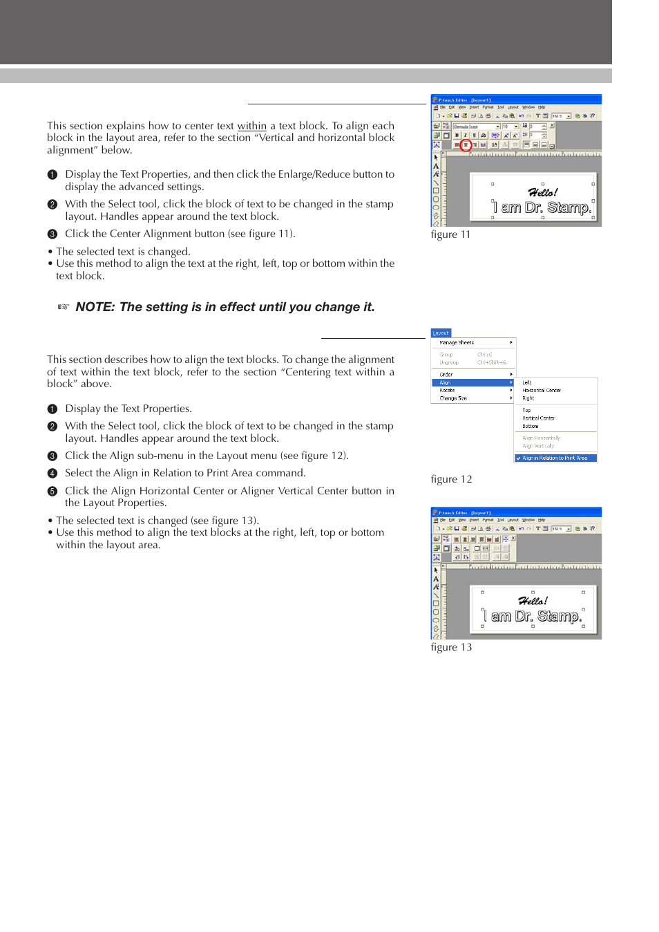Centering text within a block, Vertical and horizontal block alignment, Desigining a stamp (stampcreator p-touch editor) | Brother SC-2000 User Manual | Page 28 / 64