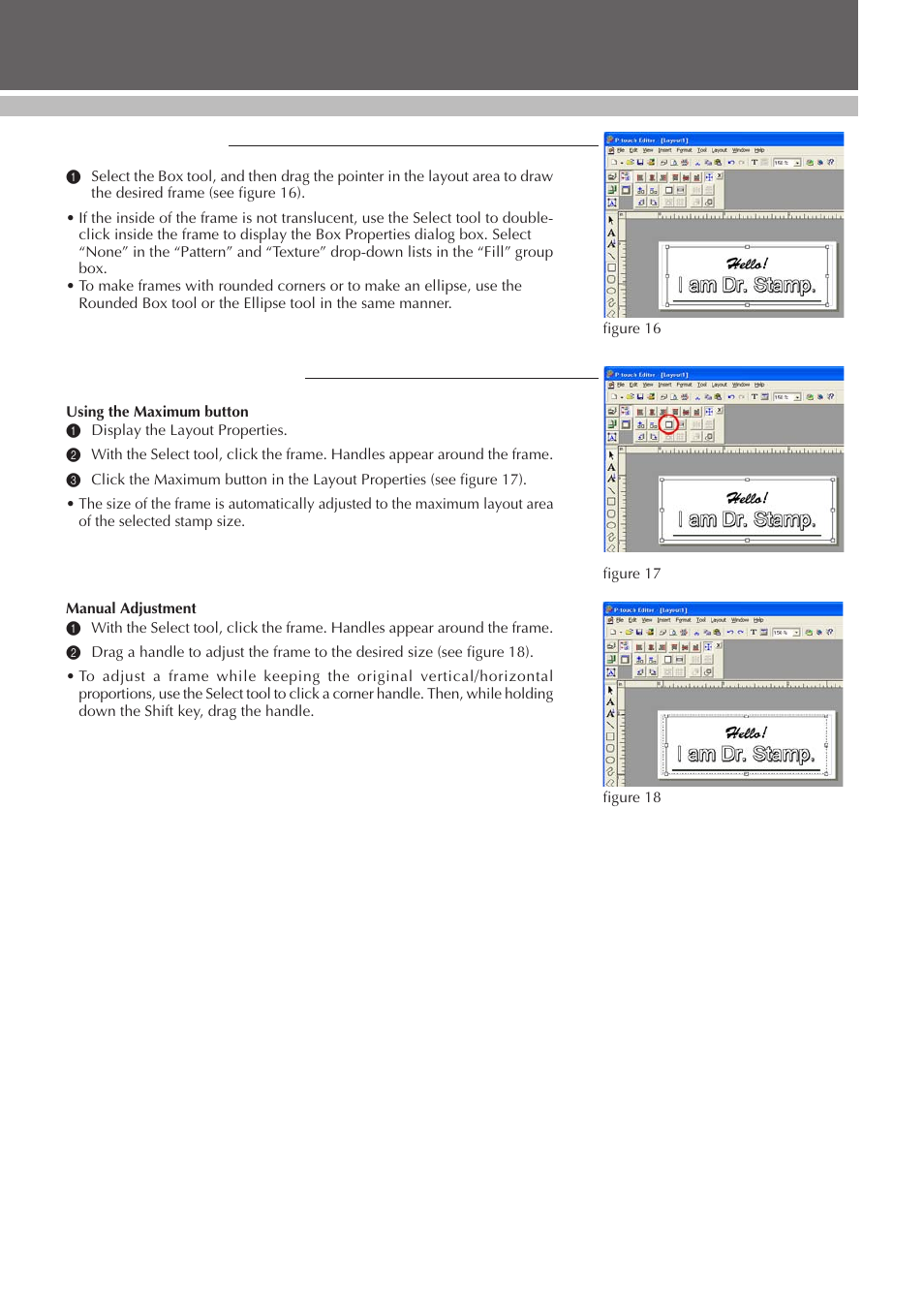 Drawing a frame, Changing the frame size, Desigining a stamp (stampcreator p-touch editor) | Brother SC-2000 User Manual | Page 30 / 64
