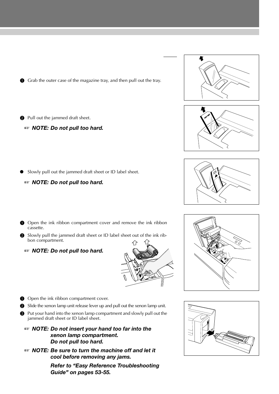 Removing a jam and correcting a stamp, Removing a jammed draft sheet or id label sheet, Care & troubleshooting | Brother SC-2000 User Manual | Page 52 / 64