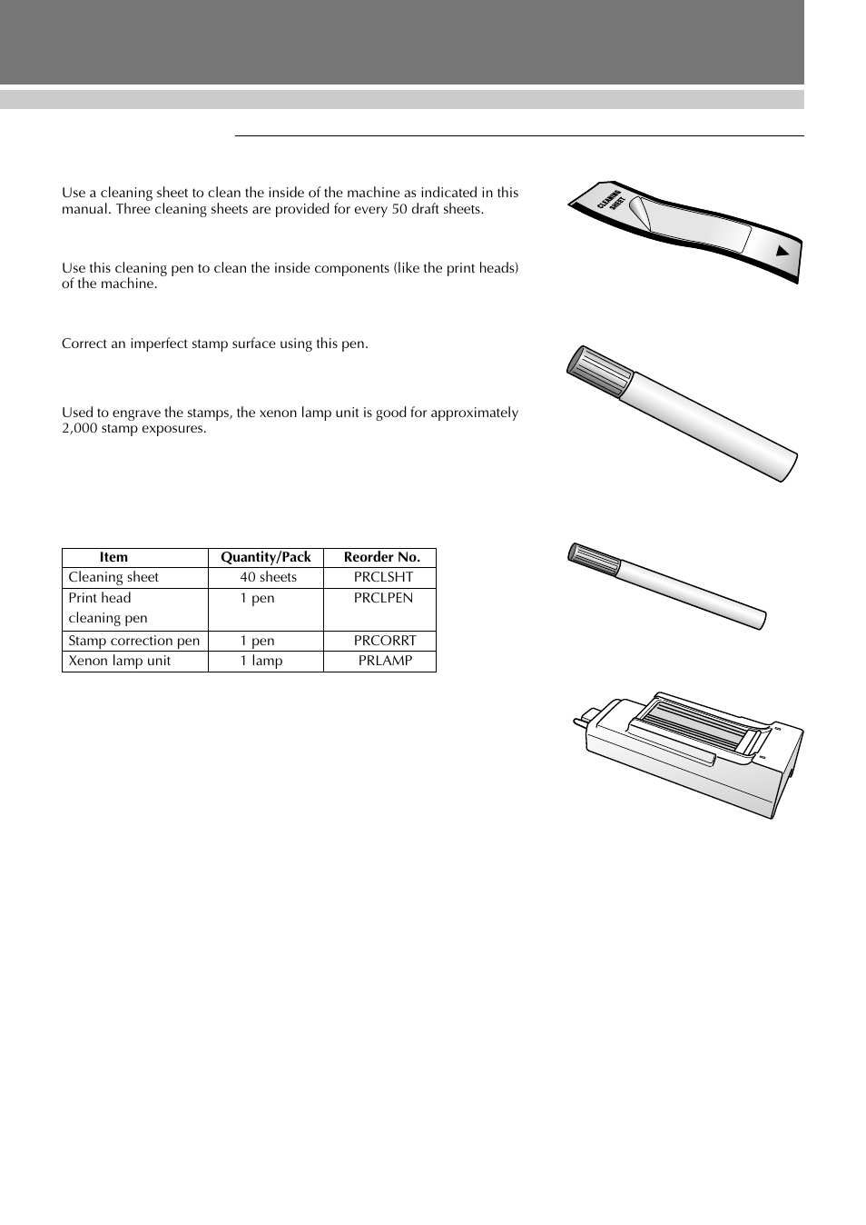 Maintenance items, Supplies & accessories, Stamp correction pen | Xenon lamp unit | Brother SC-2000 User Manual | Page 62 / 64