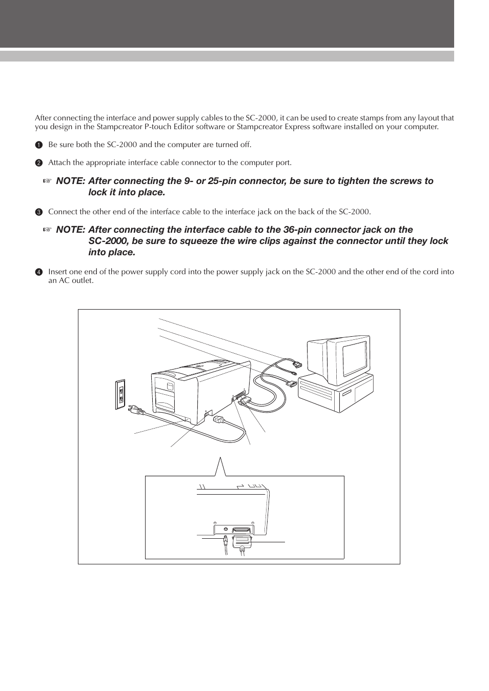 Connecting the interface and power supply cables, Set up | Brother SC-2000 User Manual | Page 8 / 64