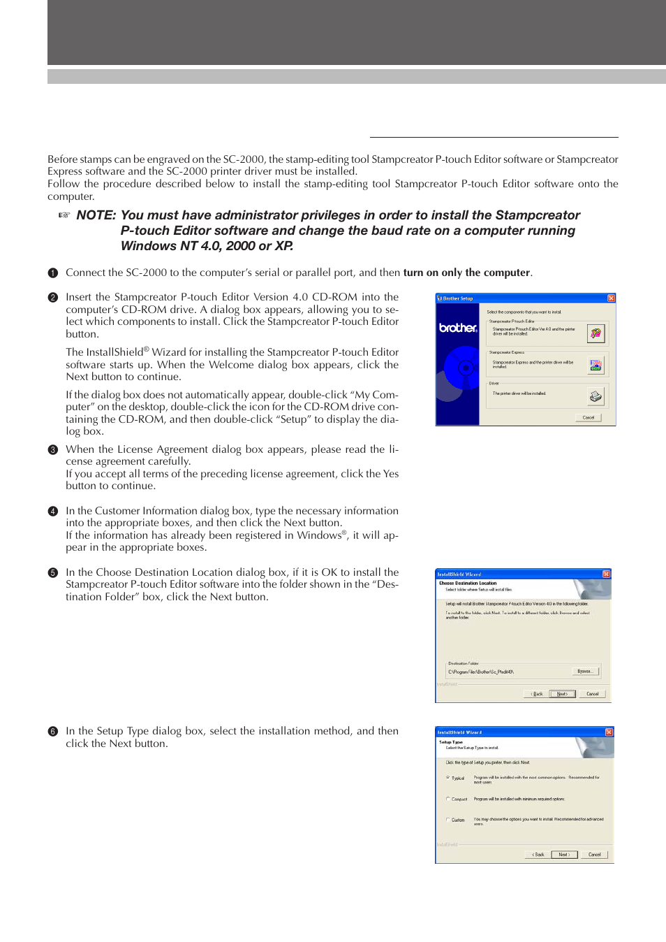 Installing the software, Stampcreator p-touch editor and printer driver, Set up | Brother SC-2000 User Manual | Page 9 / 64