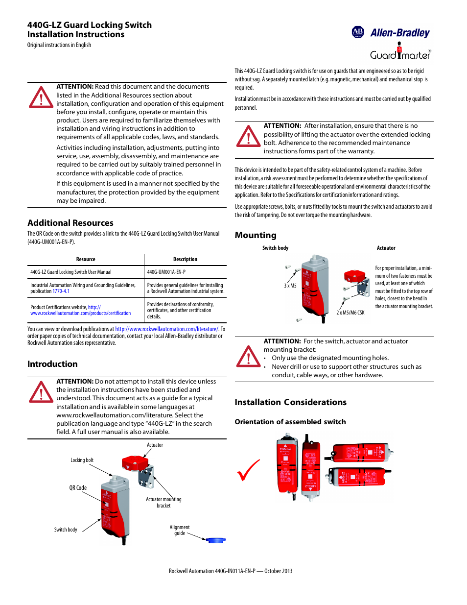 Rockwell Automation 440G-LZ Guard Locking Safety Switch Installation Instructions User Manual | 4 pages