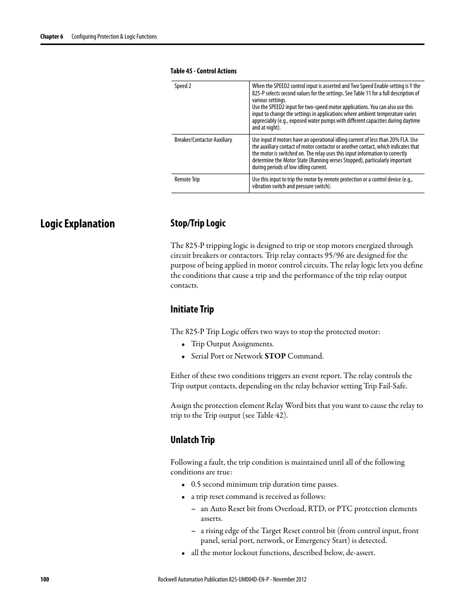 Logic explanation, Stop/trip logic, Initiate trip | Unlatch trip, Stop/trip logic initiate trip unlatch trip | Rockwell Automation 825-P Modular Protection System for Motors User Manual User Manual | Page 100 / 266