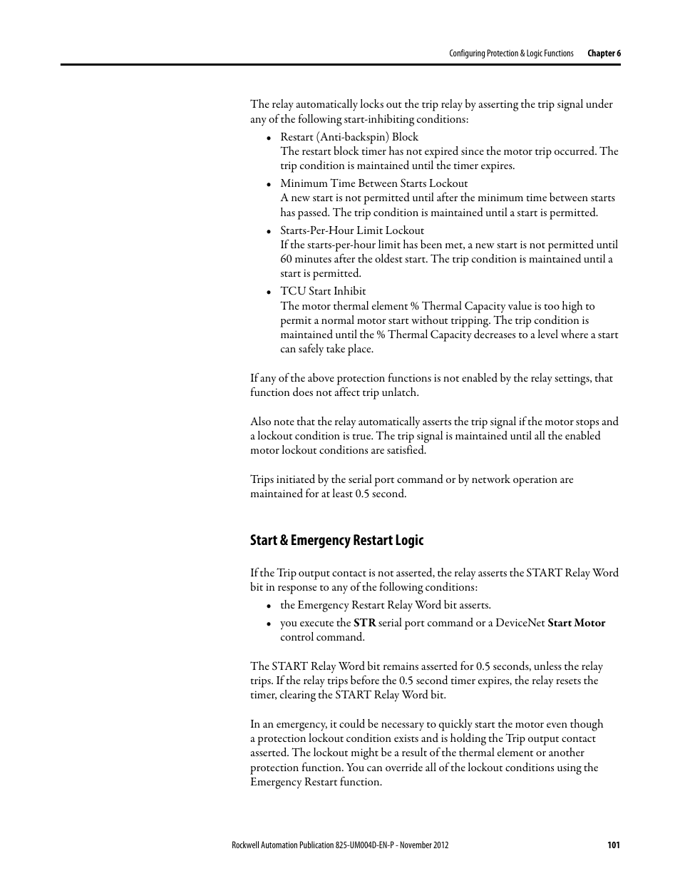 Start & emergency restart logic | Rockwell Automation 825-P Modular Protection System for Motors User Manual User Manual | Page 101 / 266