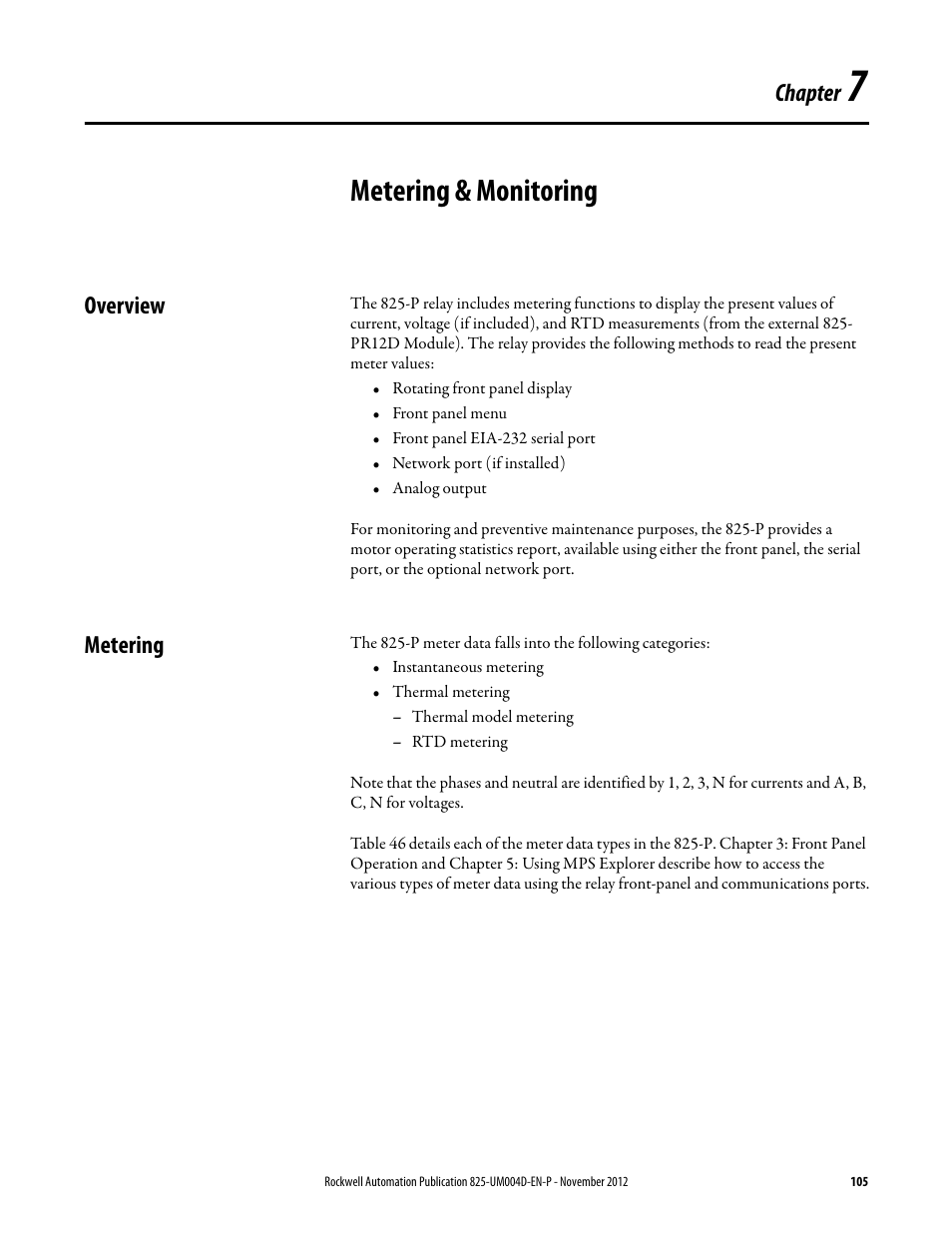 Metering & monitoring, Overview, Metering | Chapter 7, Overview metering, Chapter 7: metering & monitoring, Chapter | Rockwell Automation 825-P Modular Protection System for Motors User Manual User Manual | Page 105 / 266