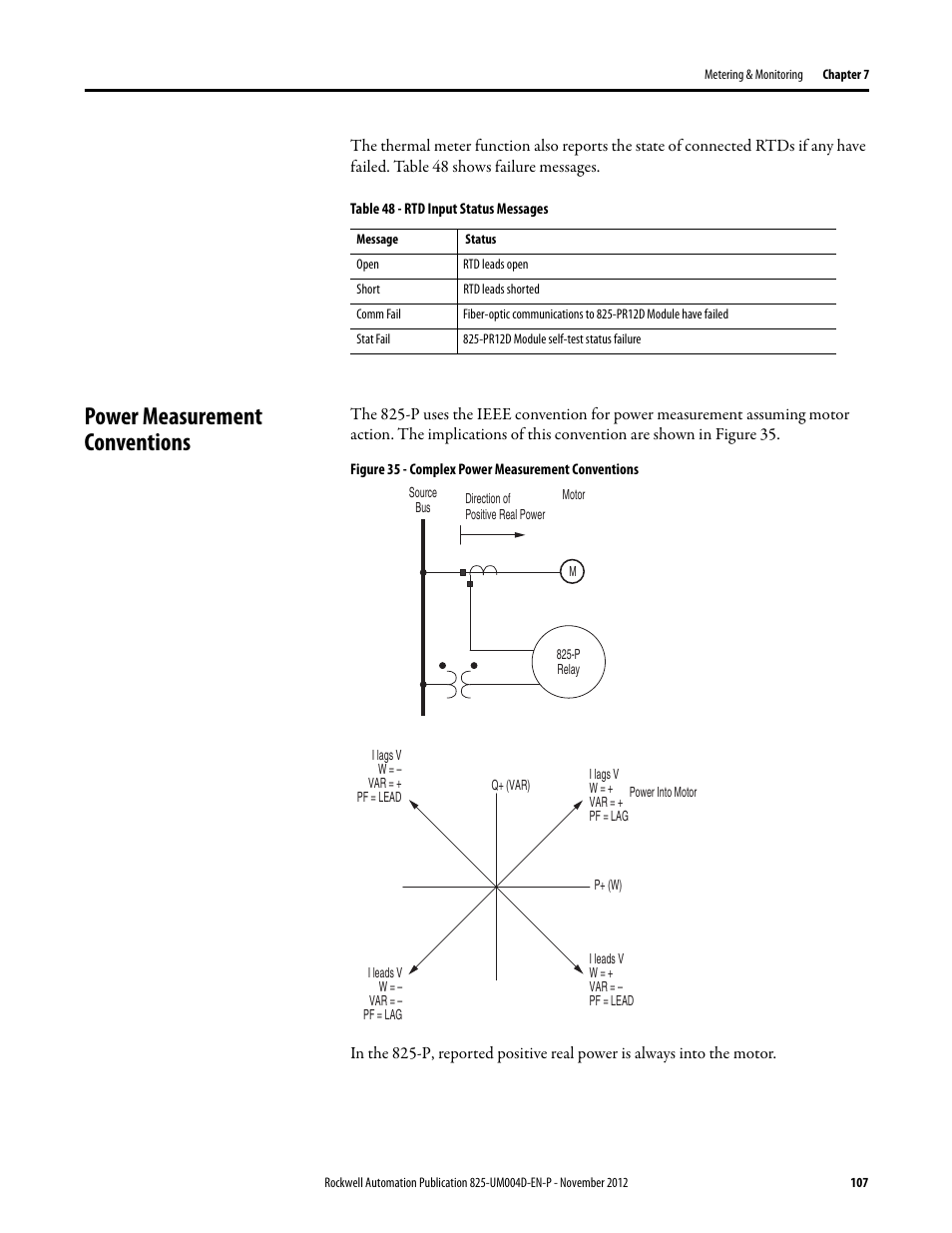Table 48 - rtd input status messages, Power measurement conventions, Figure 35 - complex power measurement conventions | Rockwell Automation 825-P Modular Protection System for Motors User Manual User Manual | Page 107 / 266