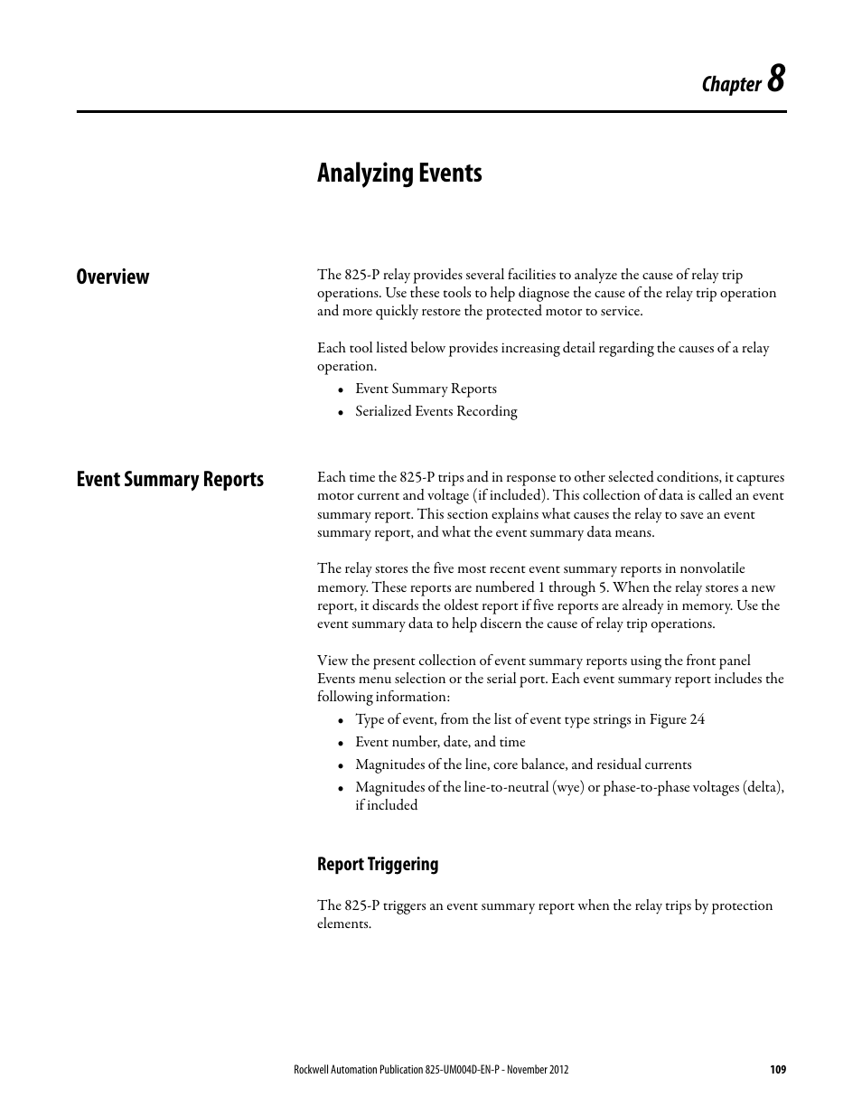Analyzing events, Overview, Event summary reports | Report triggering, Chapter 8, Overview event summary reports, Chapter 8: analyzing events, Chapter | Rockwell Automation 825-P Modular Protection System for Motors User Manual User Manual | Page 109 / 266