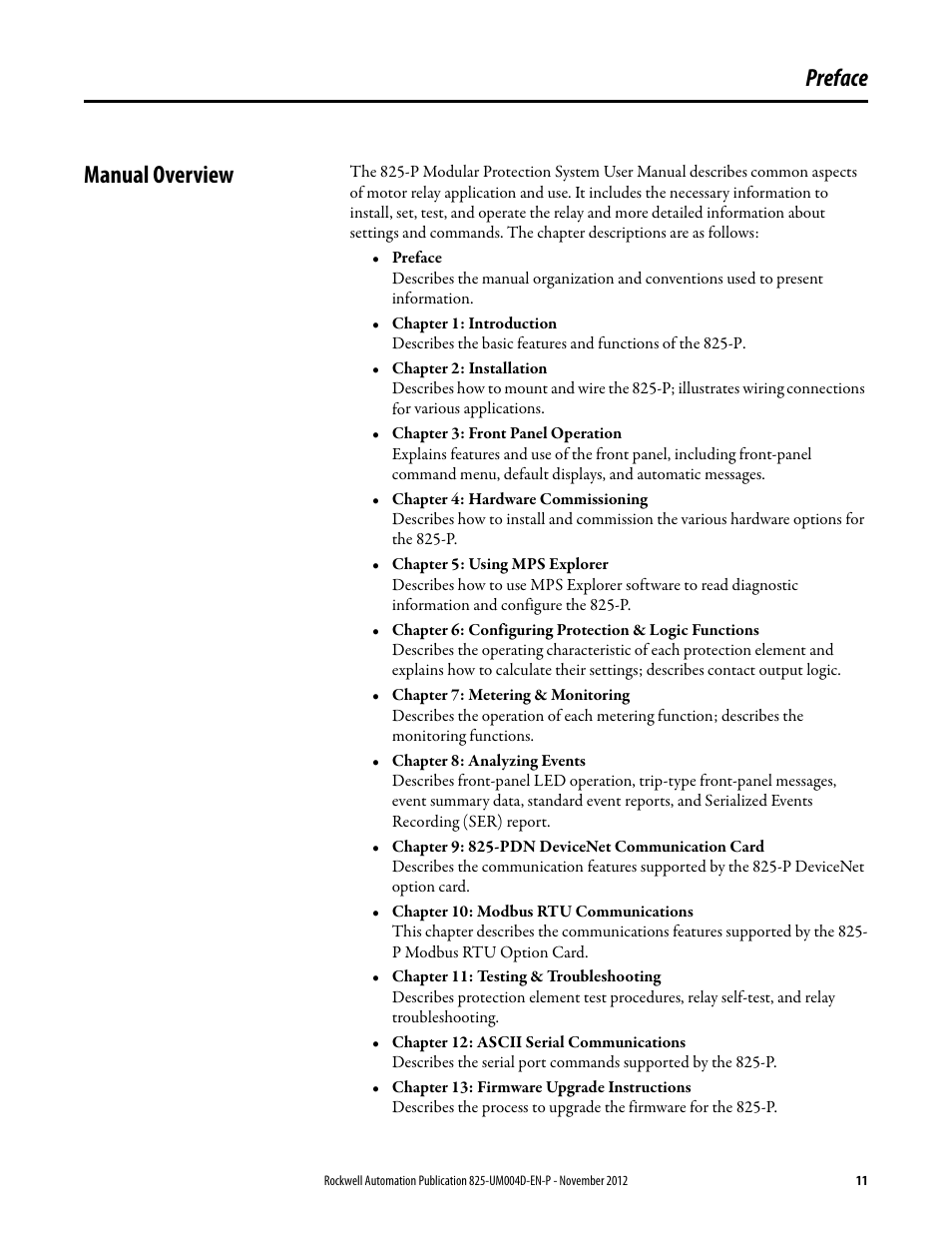 Preface, Manual overview, Preface manual overview | Rockwell Automation 825-P Modular Protection System for Motors User Manual User Manual | Page 11 / 266
