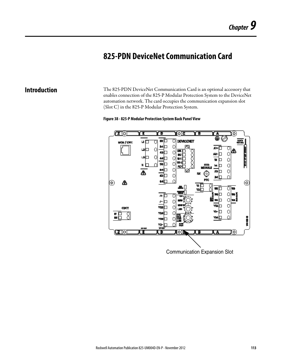 825-pdn devicenet communication card, Introduction, Chapter 9 | Pdn devicenet communication card, Chapter 9: 825-pdn devicenet communication card | Rockwell Automation 825-P Modular Protection System for Motors User Manual User Manual | Page 113 / 266