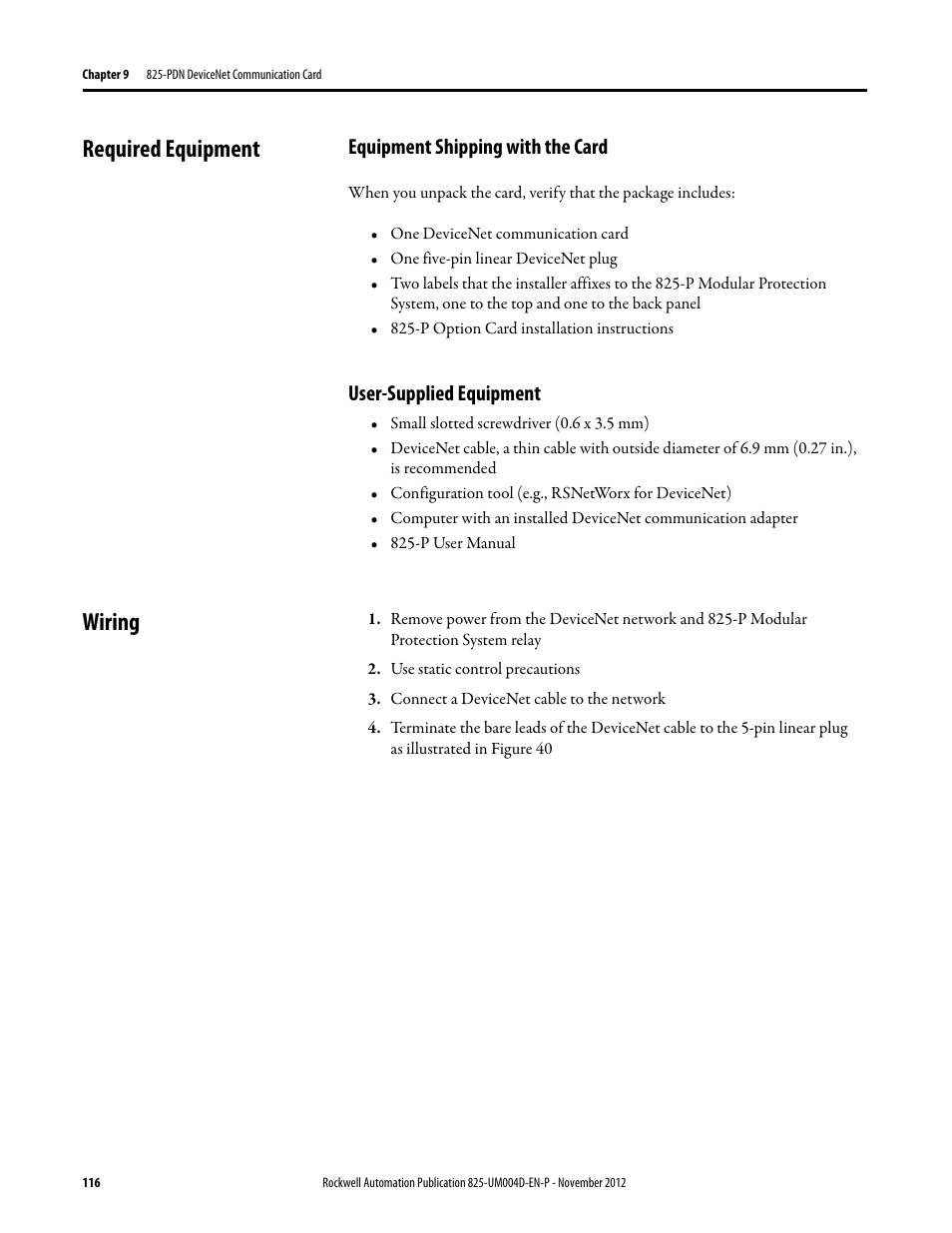 Required equipment, Equipment shipping with the card, User-supplied equipment | Wiring, Use static control precautions, Connect a devicenet cable to the network | Rockwell Automation 825-P Modular Protection System for Motors User Manual User Manual | Page 116 / 266