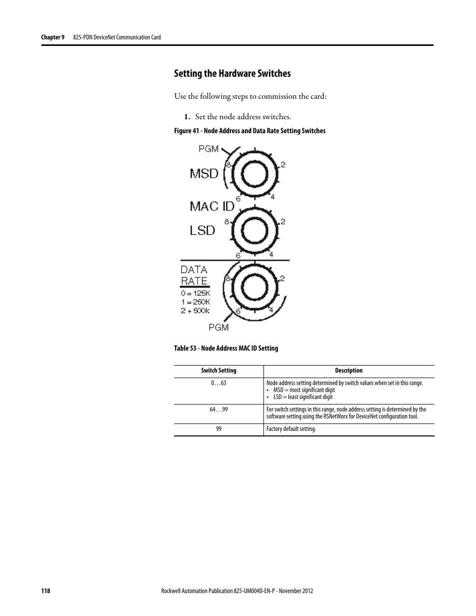 Setting the hardware switches, Set the node address switches, Table 53 - node address mac id setting | Rockwell Automation 825-P Modular Protection System for Motors User Manual User Manual | Page 118 / 266