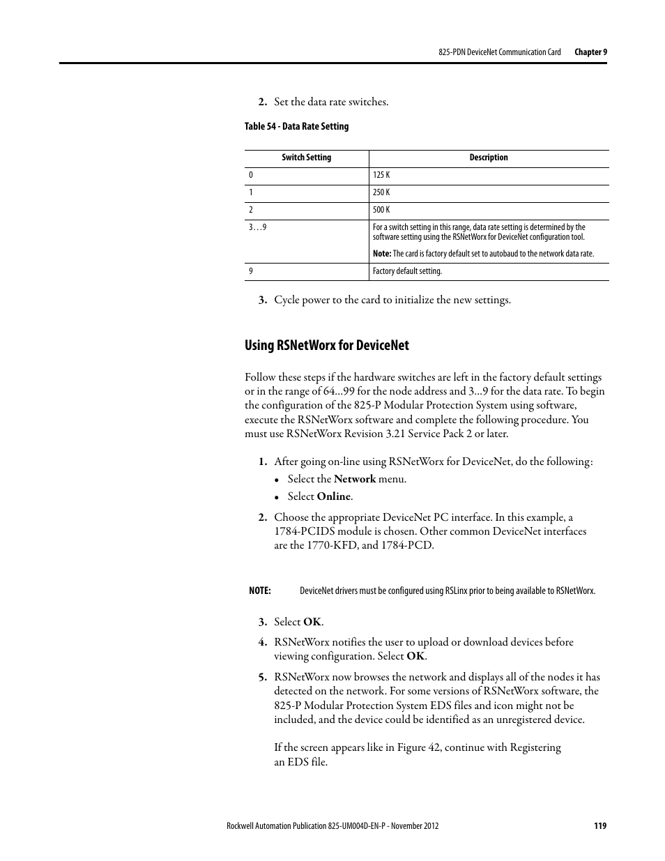 Set the data rate switches, Table 54 - data rate setting, Using rsnetworx for devicenet | Select ok | Rockwell Automation 825-P Modular Protection System for Motors User Manual User Manual | Page 119 / 266