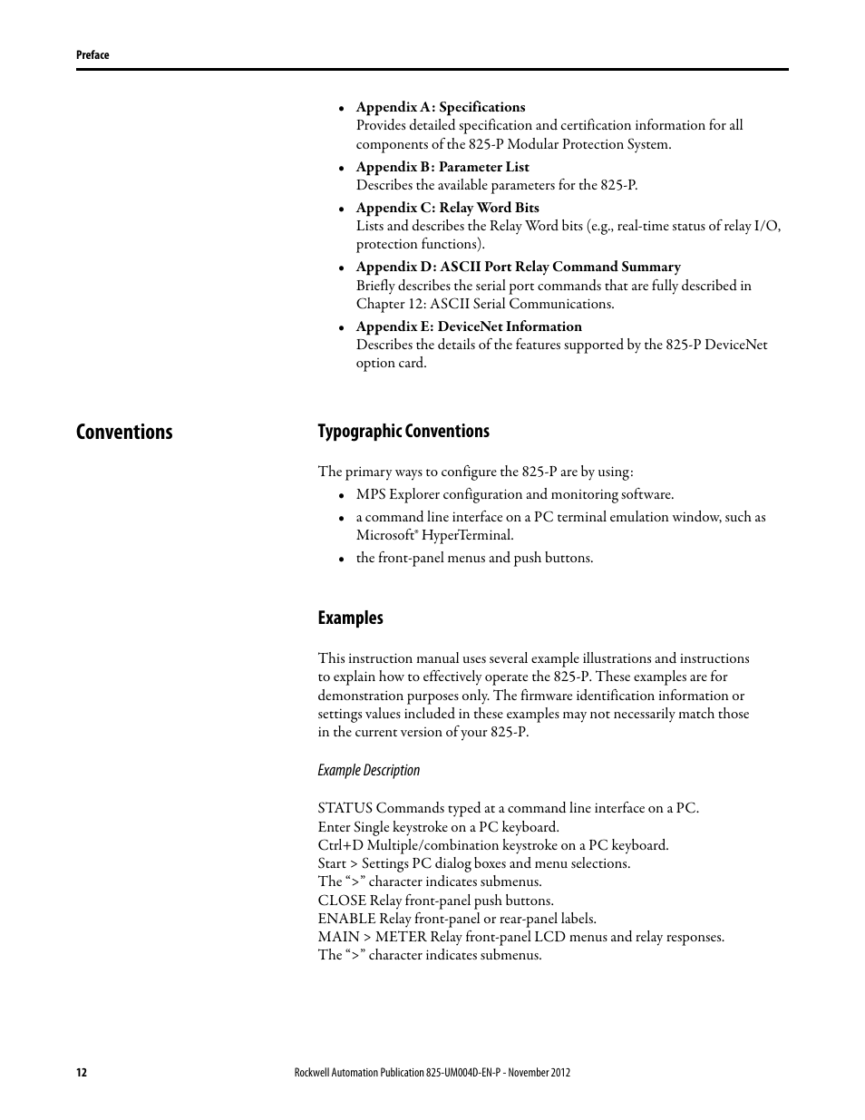 Conventions, Typographic conventions, Examples | Example description | Rockwell Automation 825-P Modular Protection System for Motors User Manual User Manual | Page 12 / 266