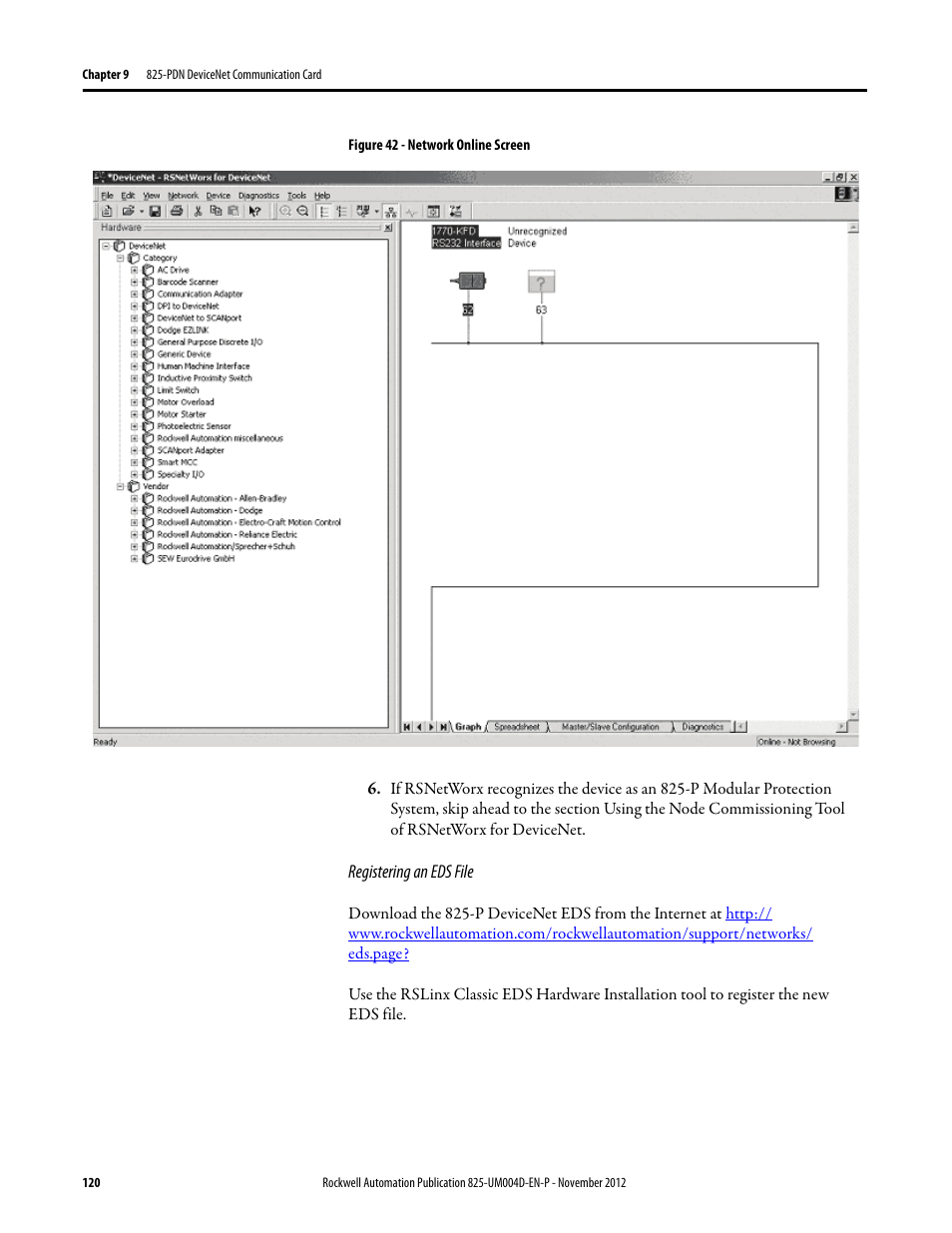 Figure 42 - network online screen, Registering an eds file | Rockwell Automation 825-P Modular Protection System for Motors User Manual User Manual | Page 120 / 266