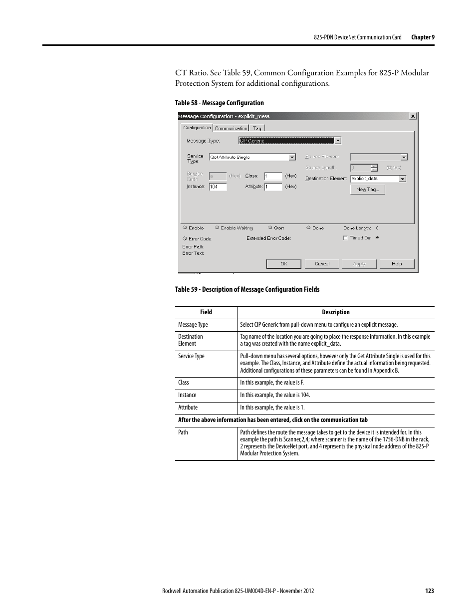 Table 58 - message configuration | Rockwell Automation 825-P Modular Protection System for Motors User Manual User Manual | Page 123 / 266